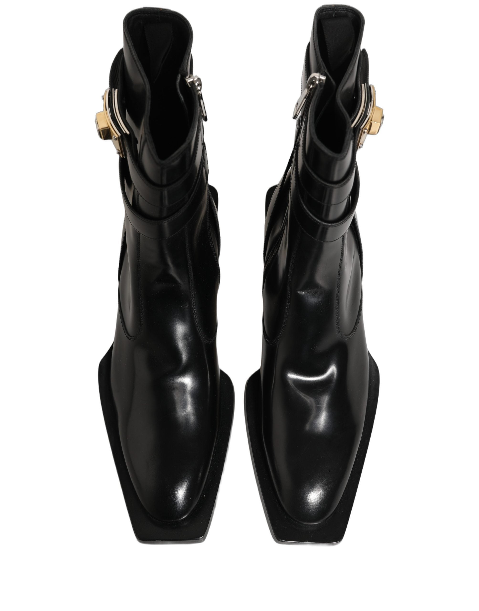 Dolce & Gabbana Black Leather DG Plaque Mid Calf Boots Shoes