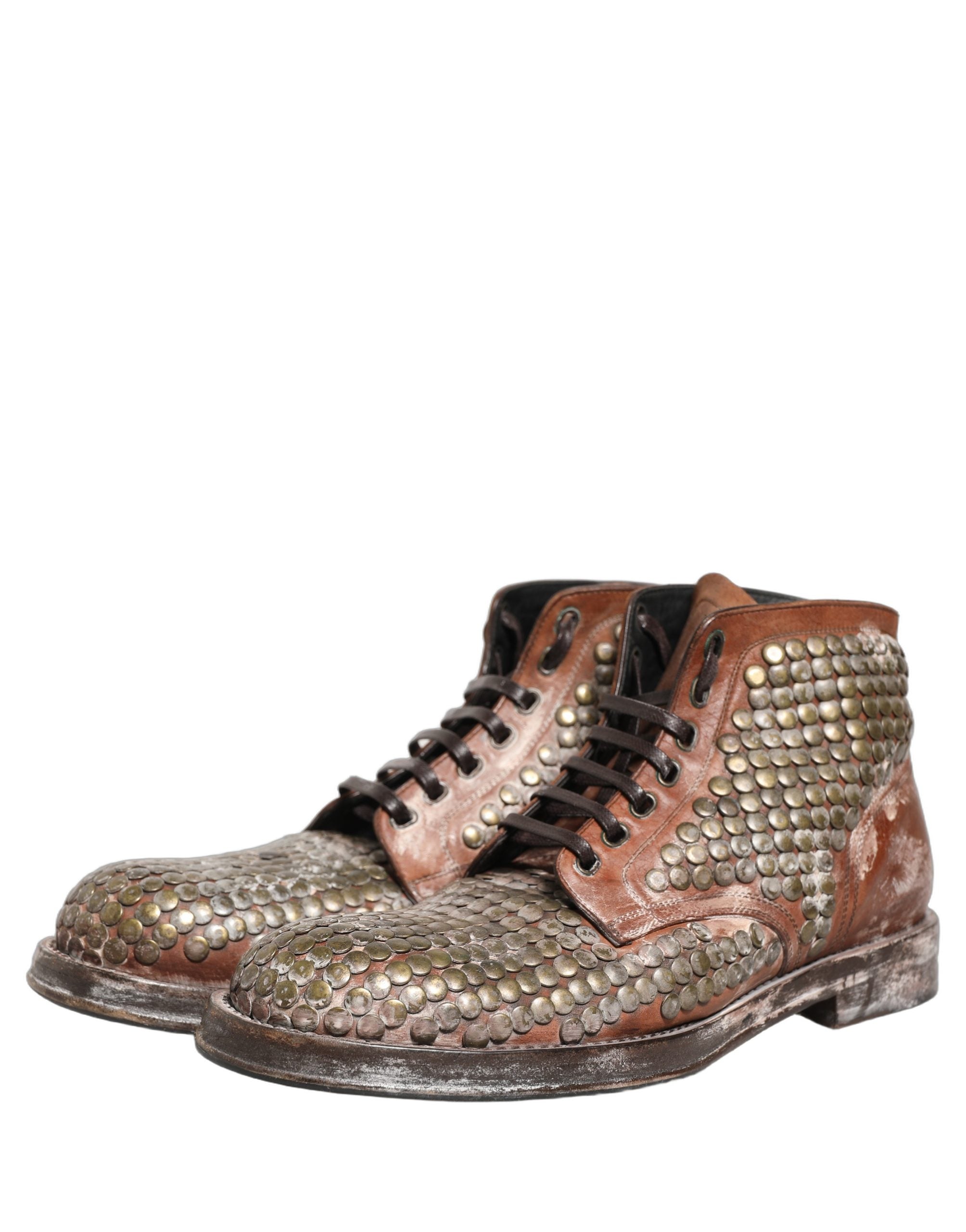 Dolce & Gabbana Brown Leather Runway Studs Ankle Boots Shoes