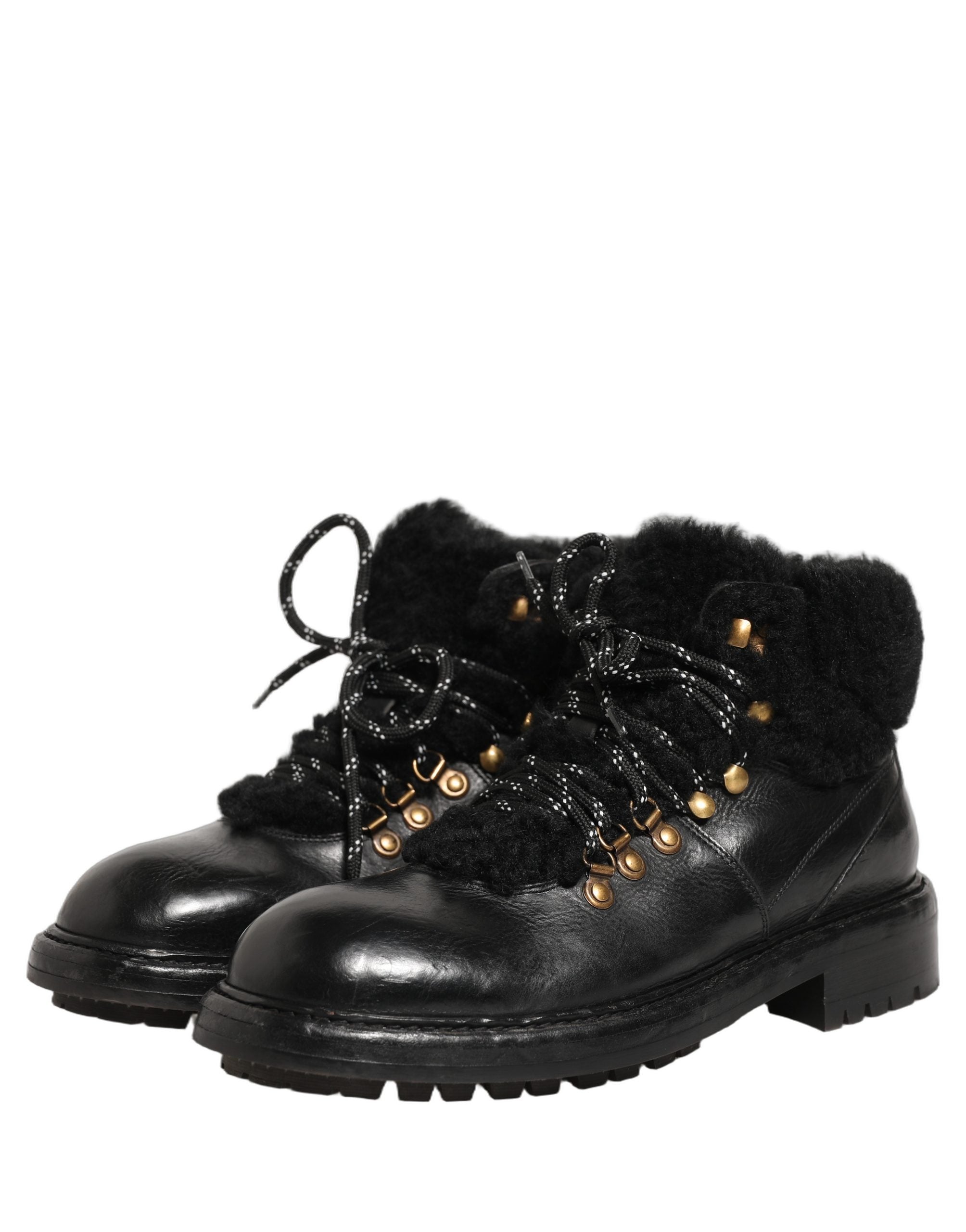 Dolce & Gabbana Black Trekking Fur Lace Leather Boots Shoes