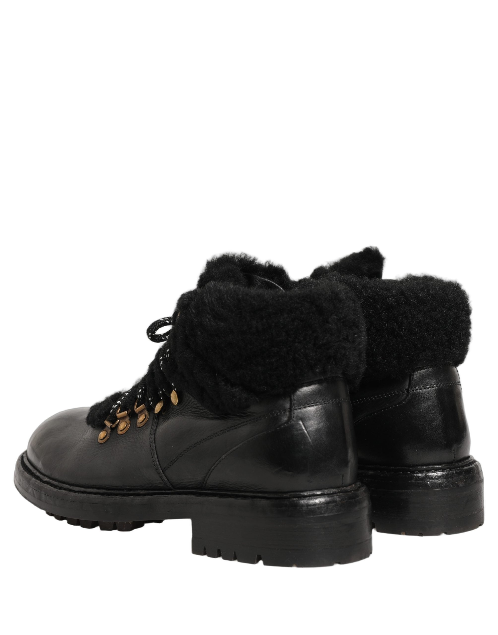 Dolce & Gabbana Black Trekking Fur Lace Leather Boots Shoes