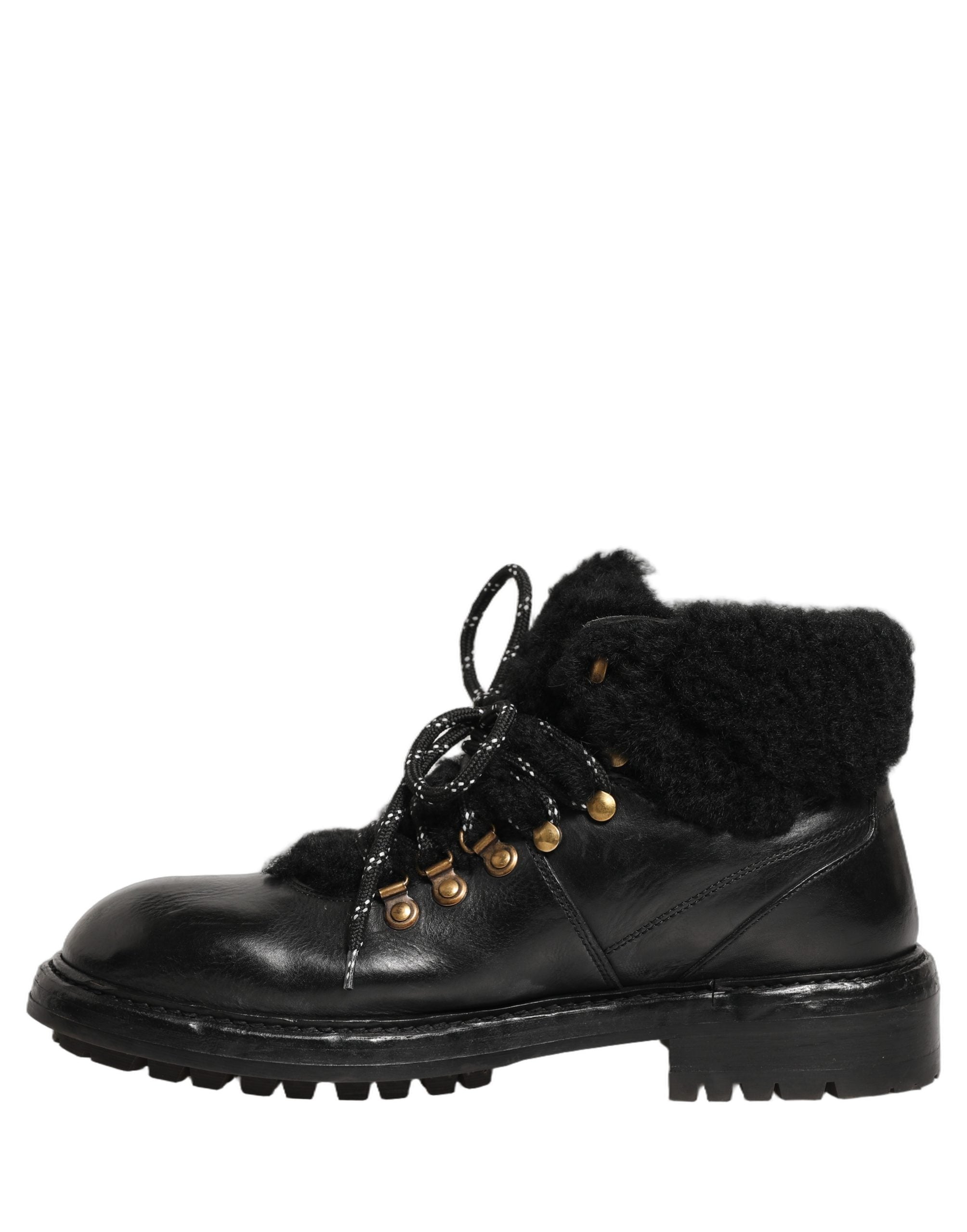 Dolce & Gabbana Black Trekking Fur Lace Leather Boots Shoes