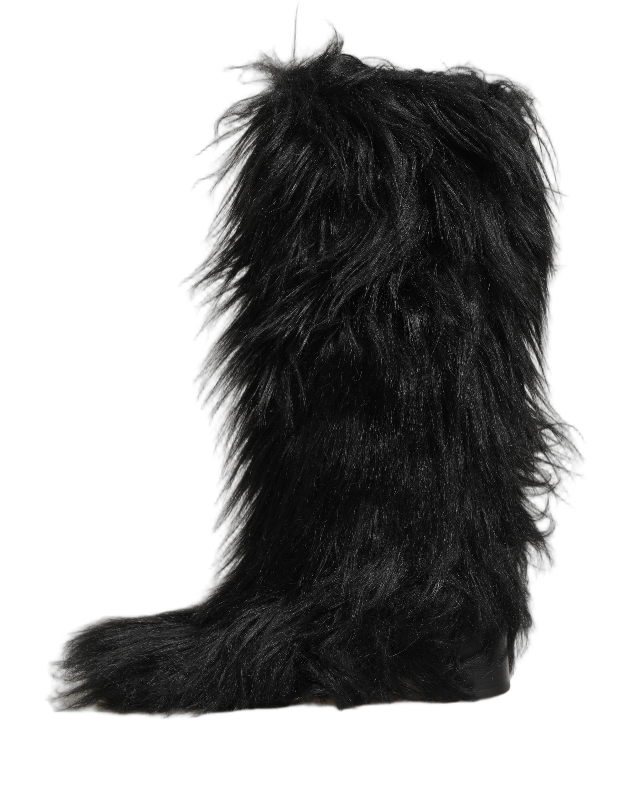 Dolce & Gabbana Black Faux Fur Mid Calf Winter Boots Shoes