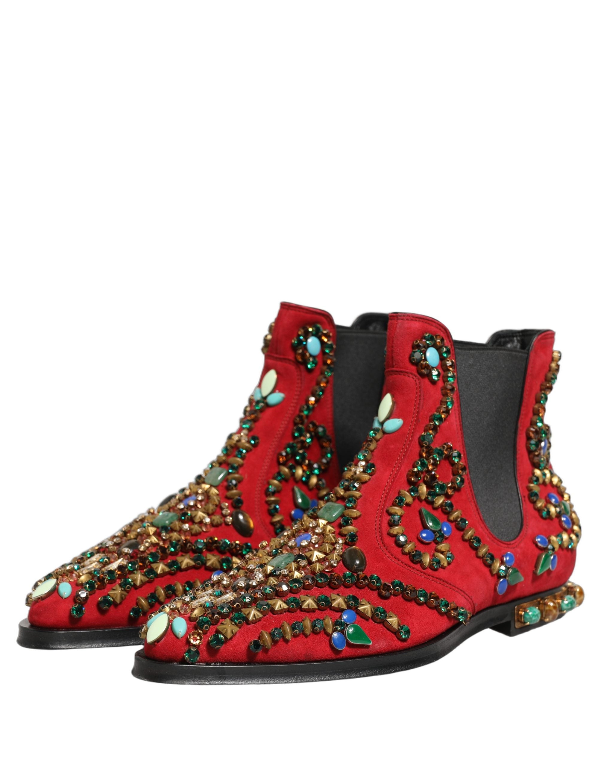 Dolce & Gabbana Red Embellished Chelsea Ankle Boots Shoes