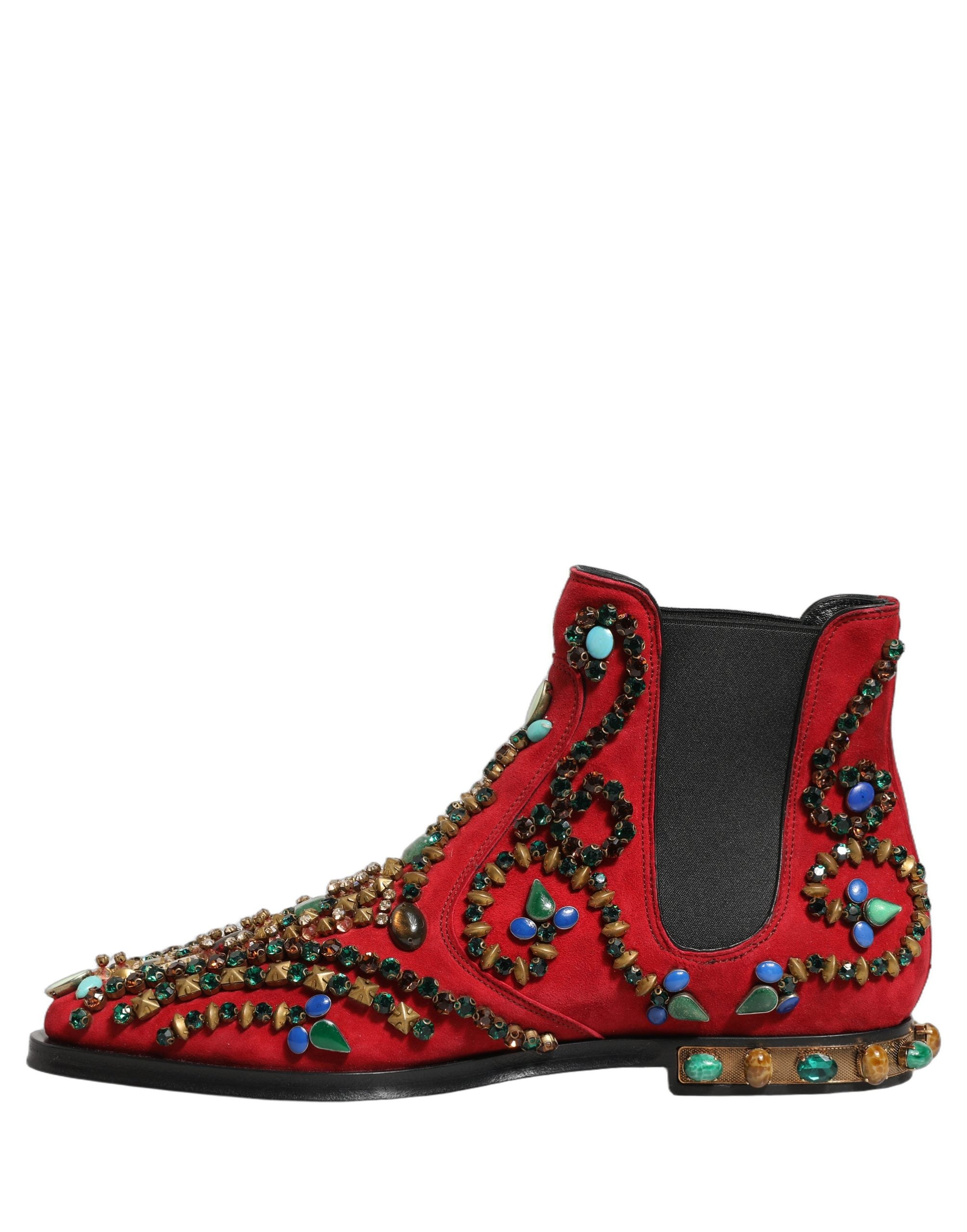 Dolce & Gabbana Red Embellished Chelsea Ankle Boots Shoes