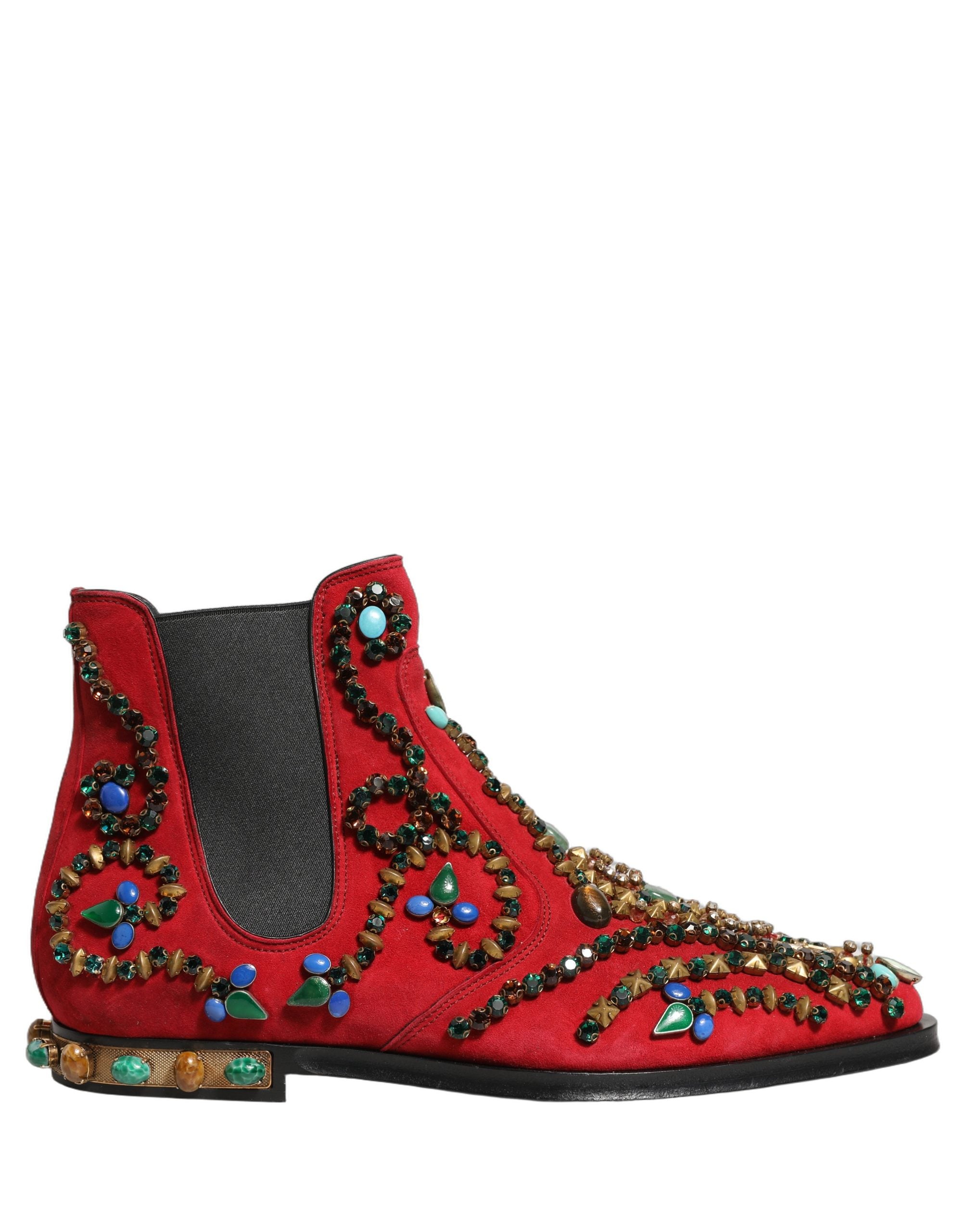 Dolce & Gabbana Red Embellished Chelsea Ankle Boots Shoes