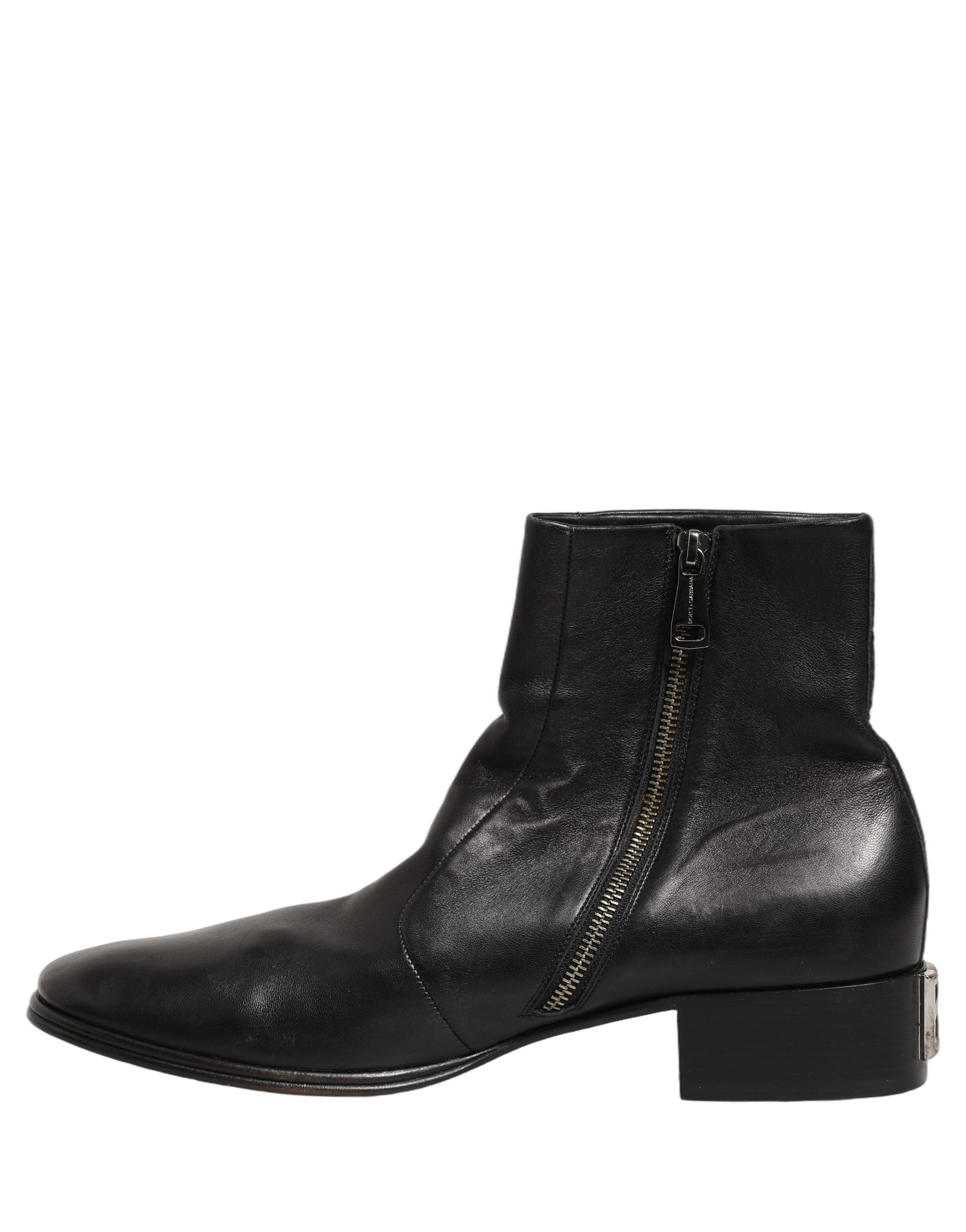 Dolce & Gabbana Black Leather Logo Short Ankle Boots Shoes