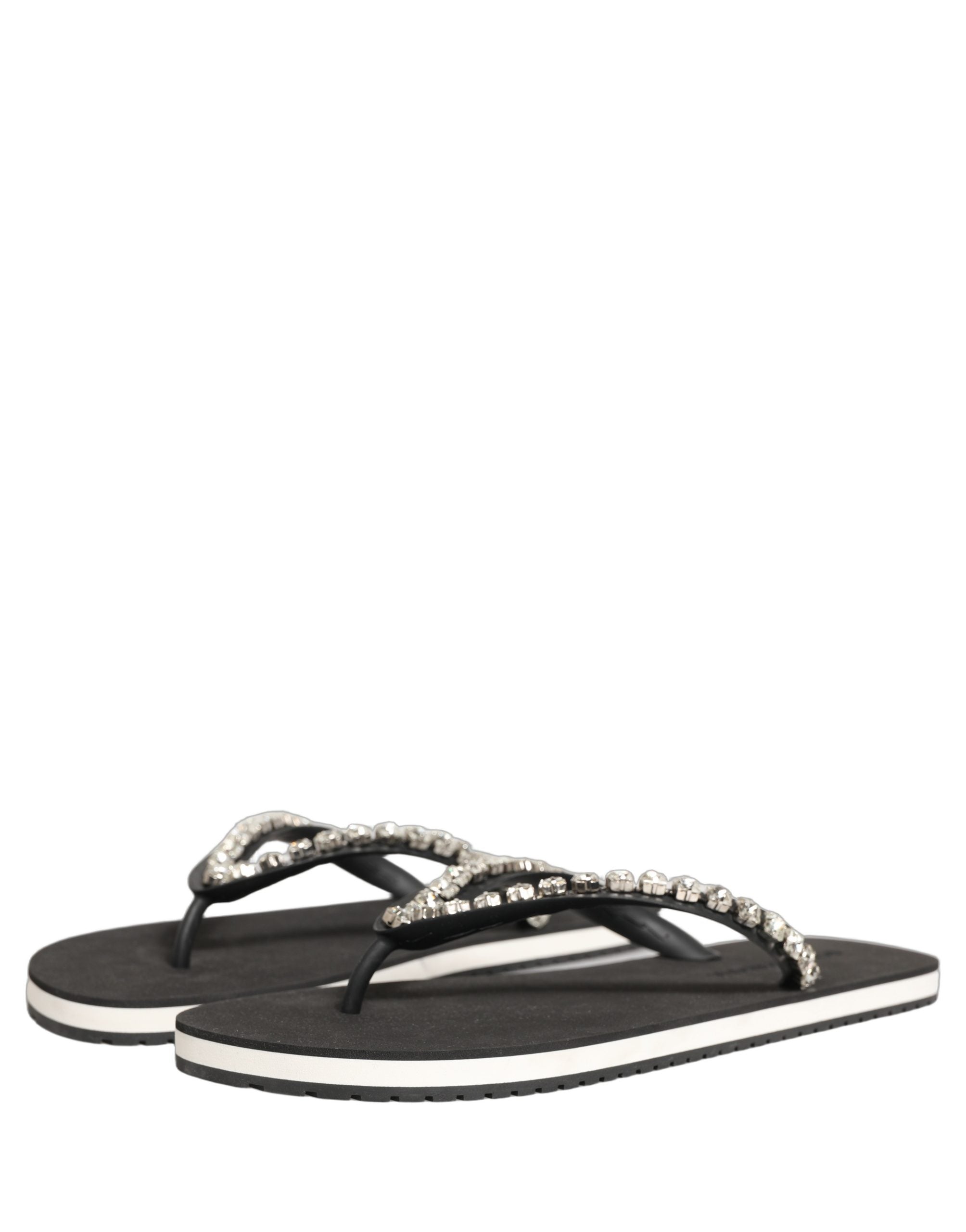 Dolce & Gabbana Black Embellished Rubber Flip Flops Men Shoes