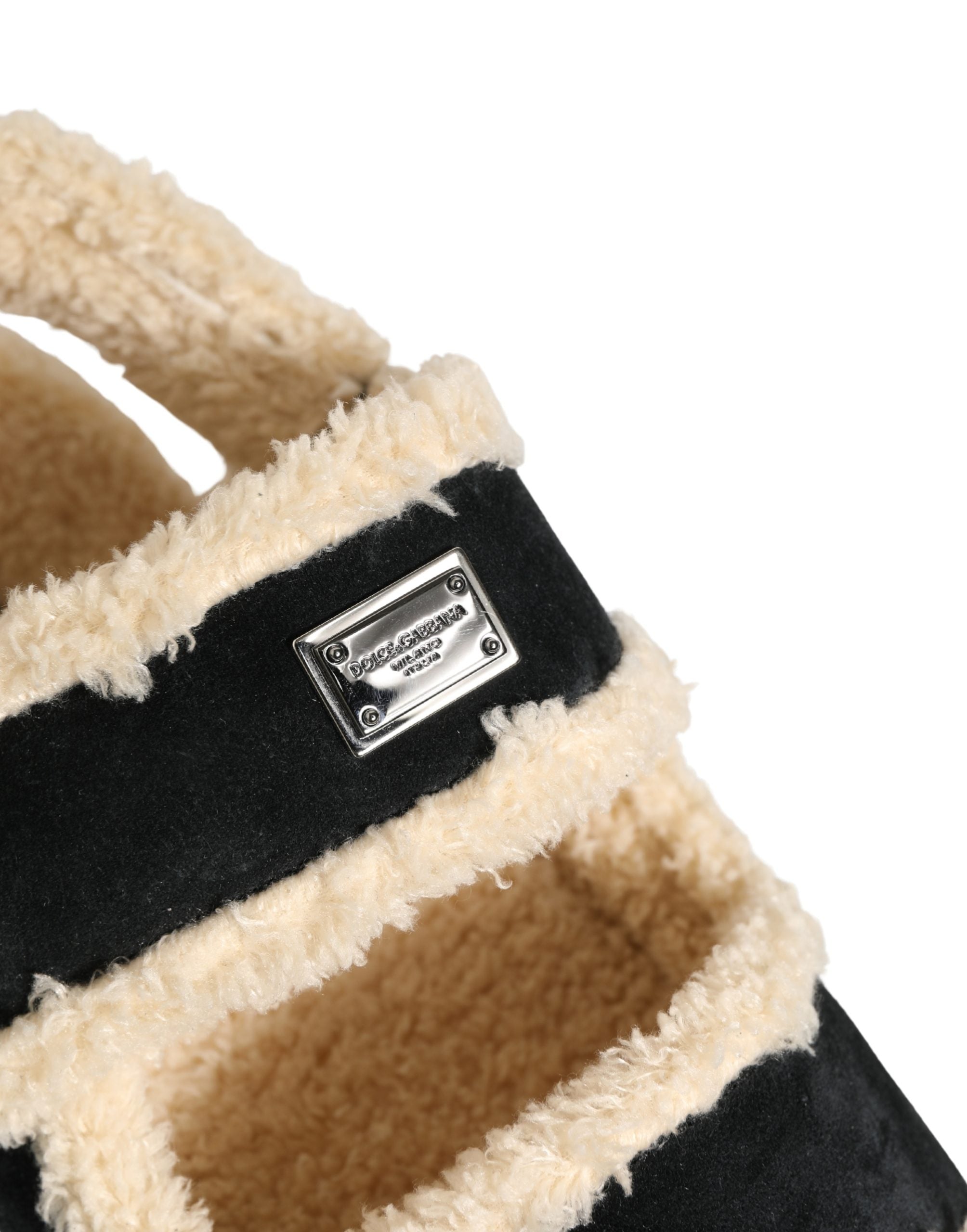 Dolce & Gabbana Beige Black Faux Fur Flats Men Sandals Shoes