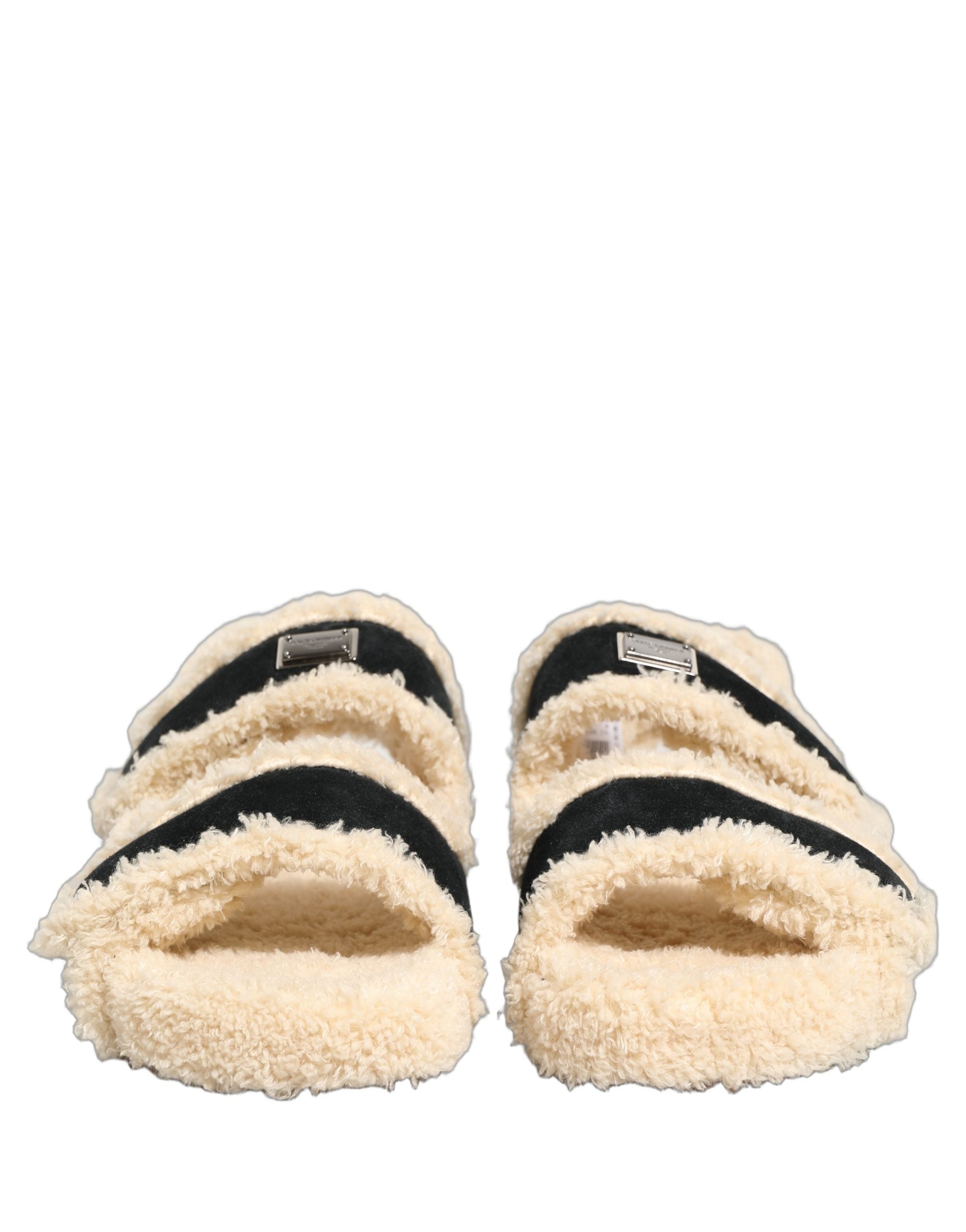 Dolce & Gabbana Beige Black Faux Fur Flats Men Sandals Shoes
