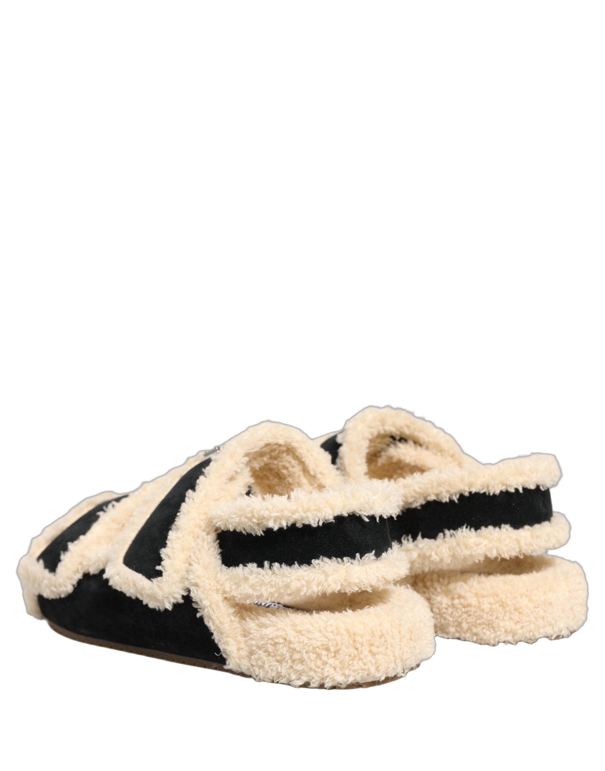 Dolce & Gabbana Beige Black Faux Fur Flats Men Sandals Shoes