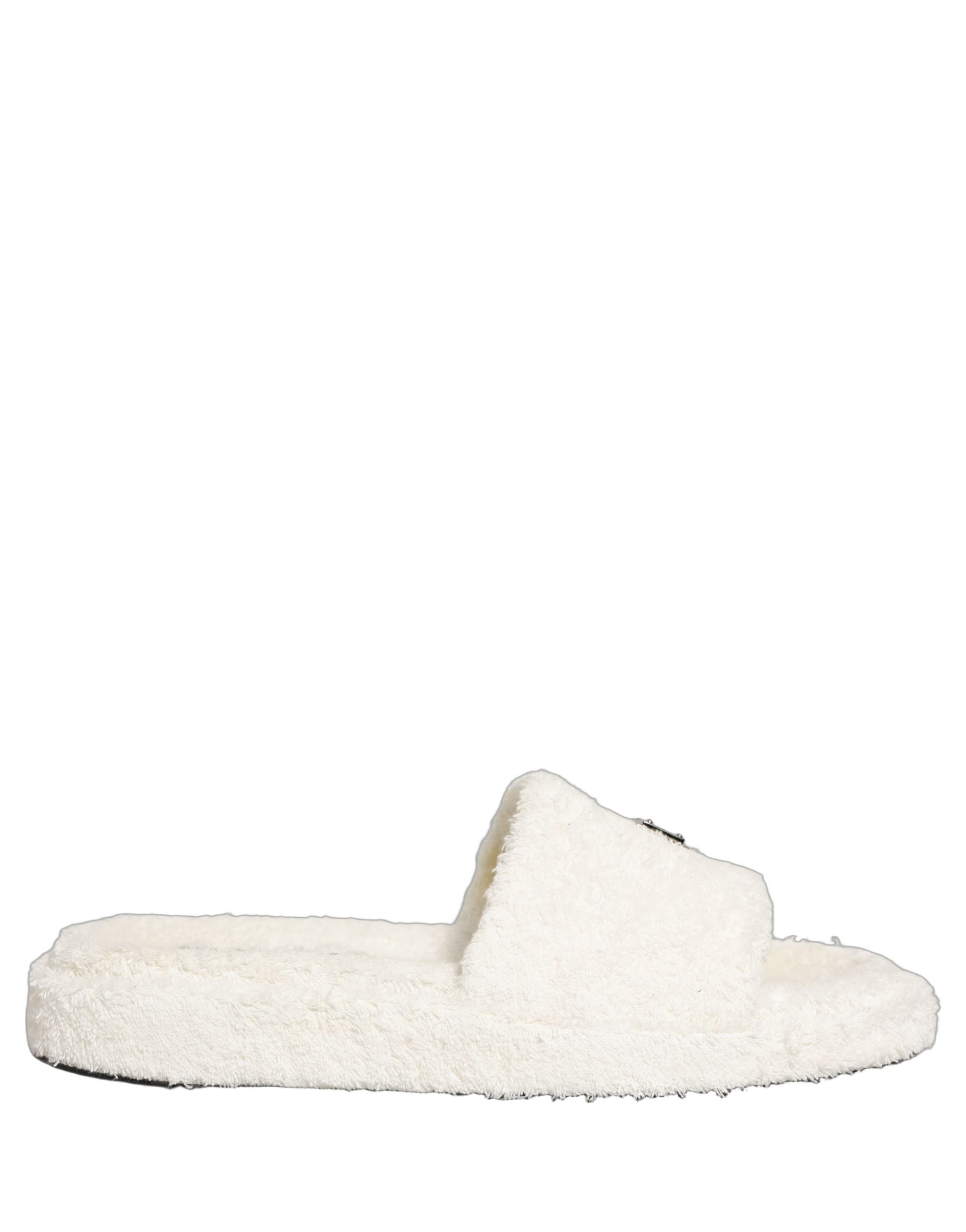 Dolce & Gabbana White Faux Fur Flats Men Slides Sandals Shoes