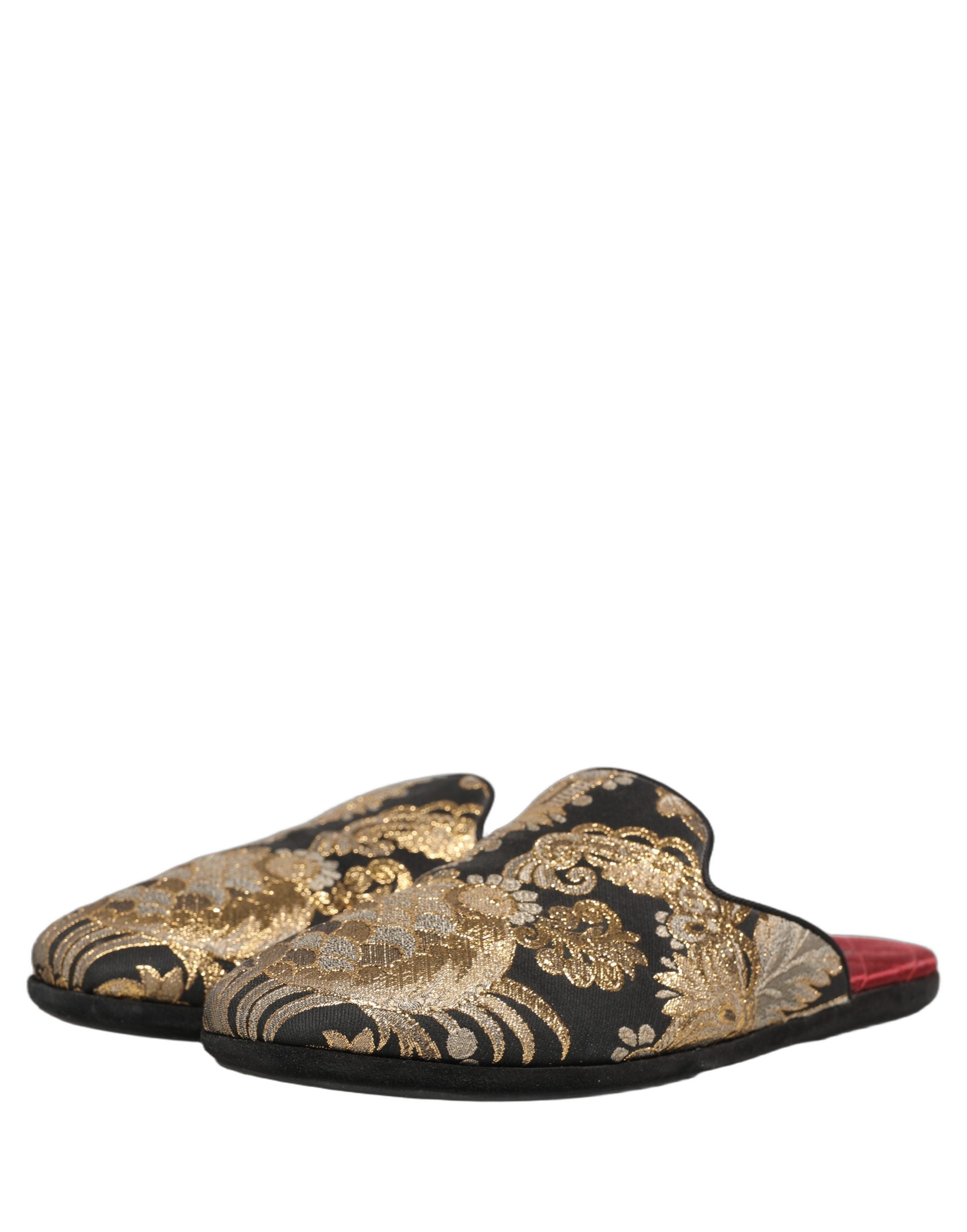Dolce & Gabbana Black Floral Jacquard Flats Sandals Men Shoes