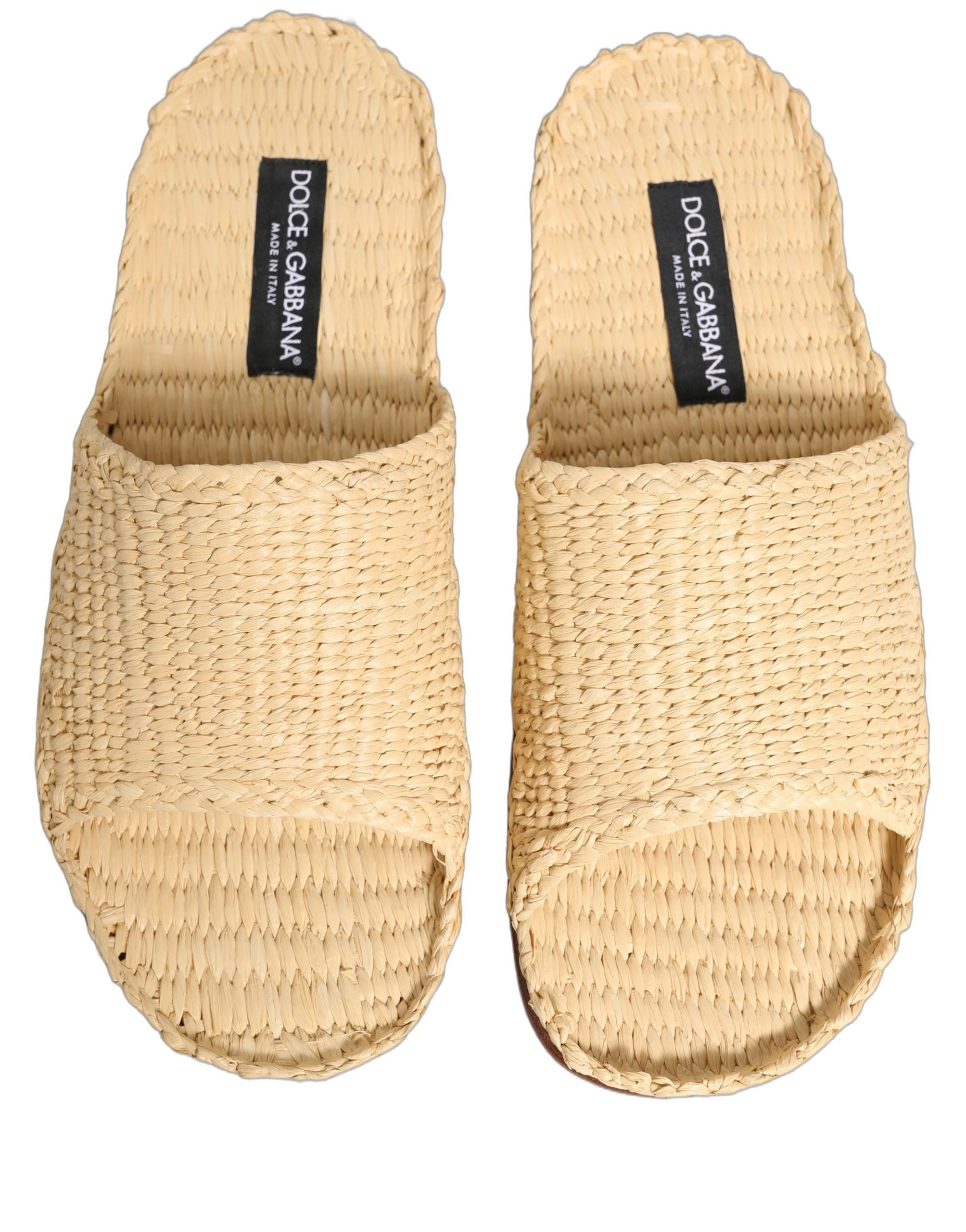 Dolce & Gabbana Beige Straw Raffia Slides Sandals Flats Shoes