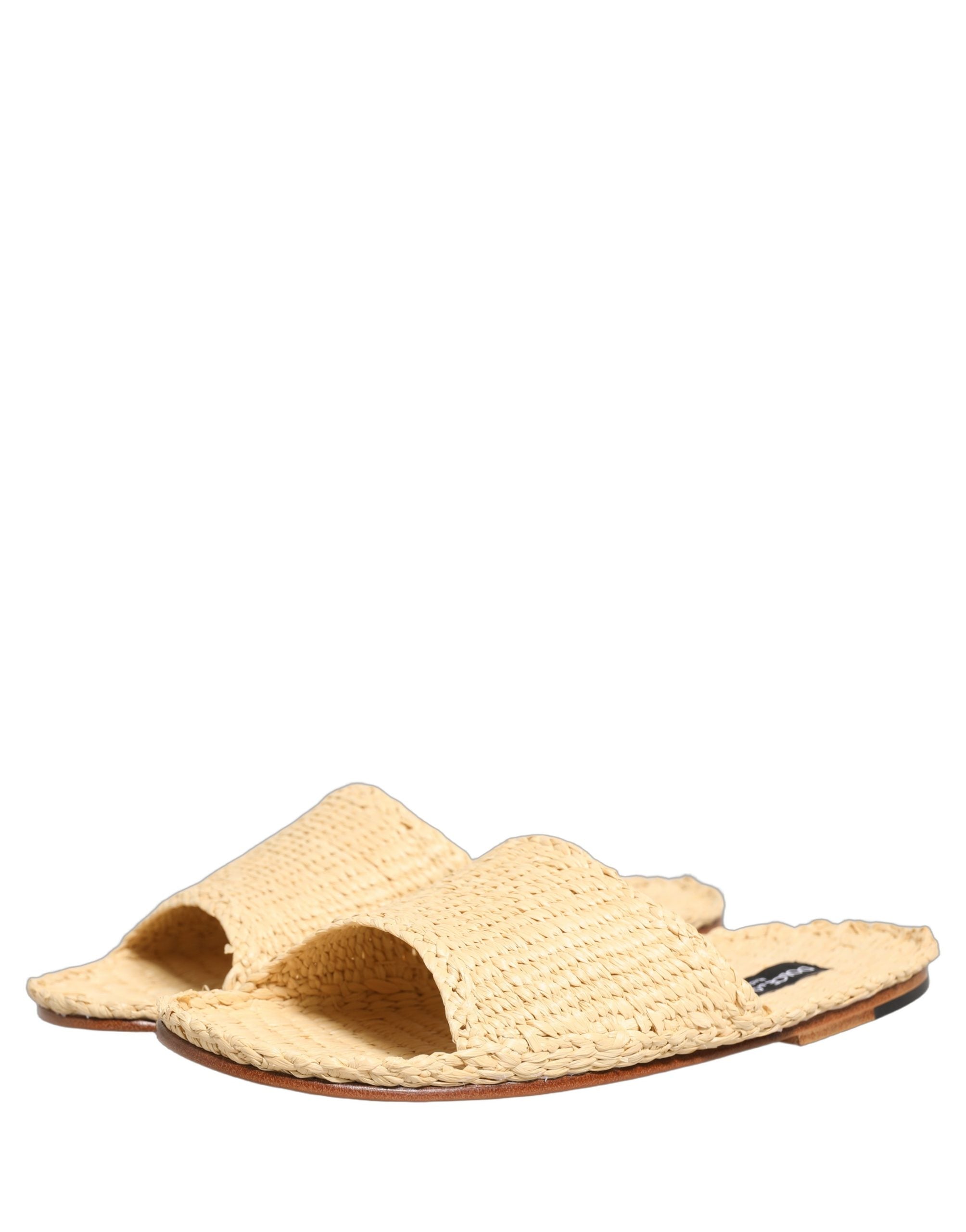Dolce & Gabbana Beige Straw Raffia Slides Sandals Flats Shoes