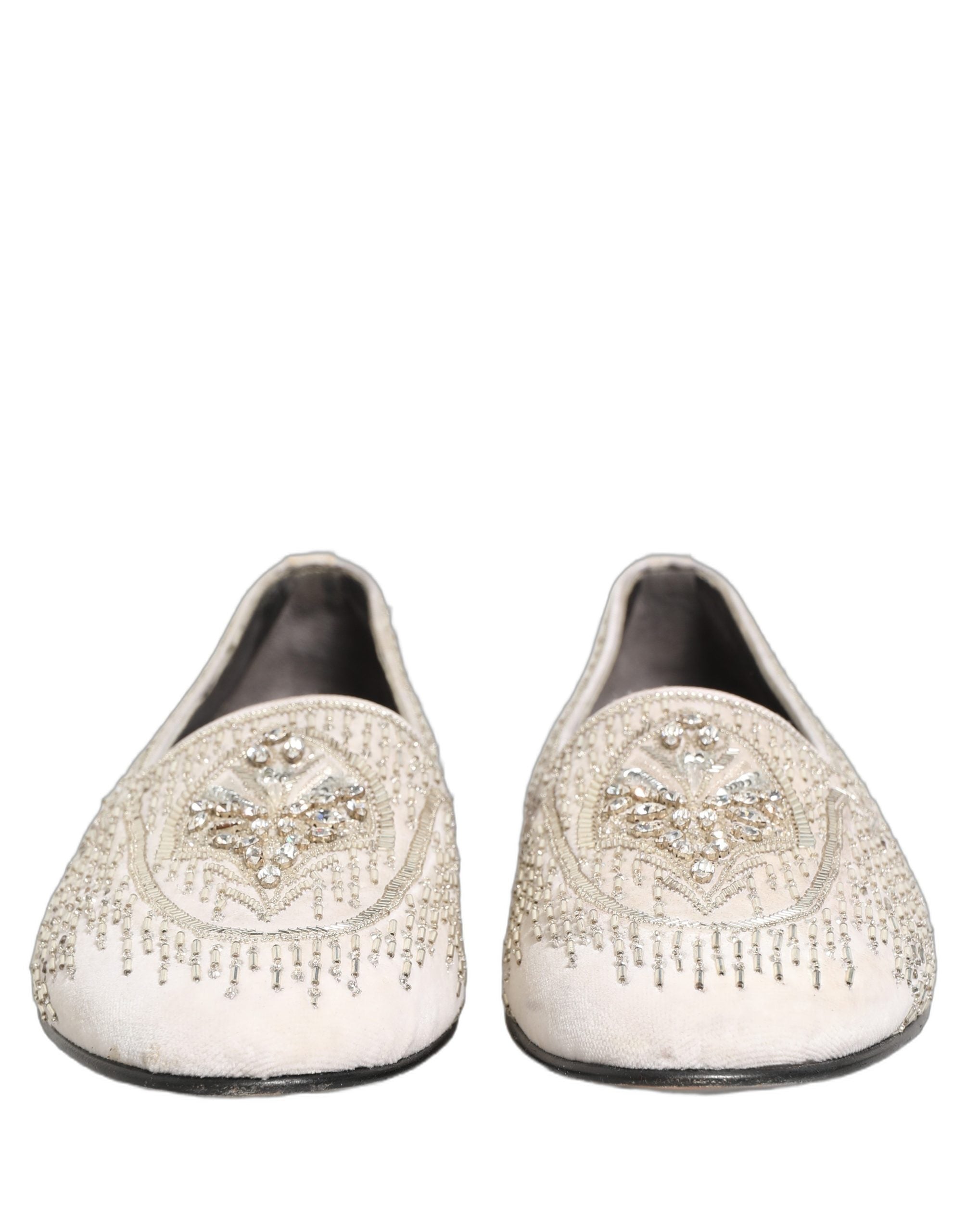 Dolce & Gabbana White Satin Embellished Dress Loafers Shoes