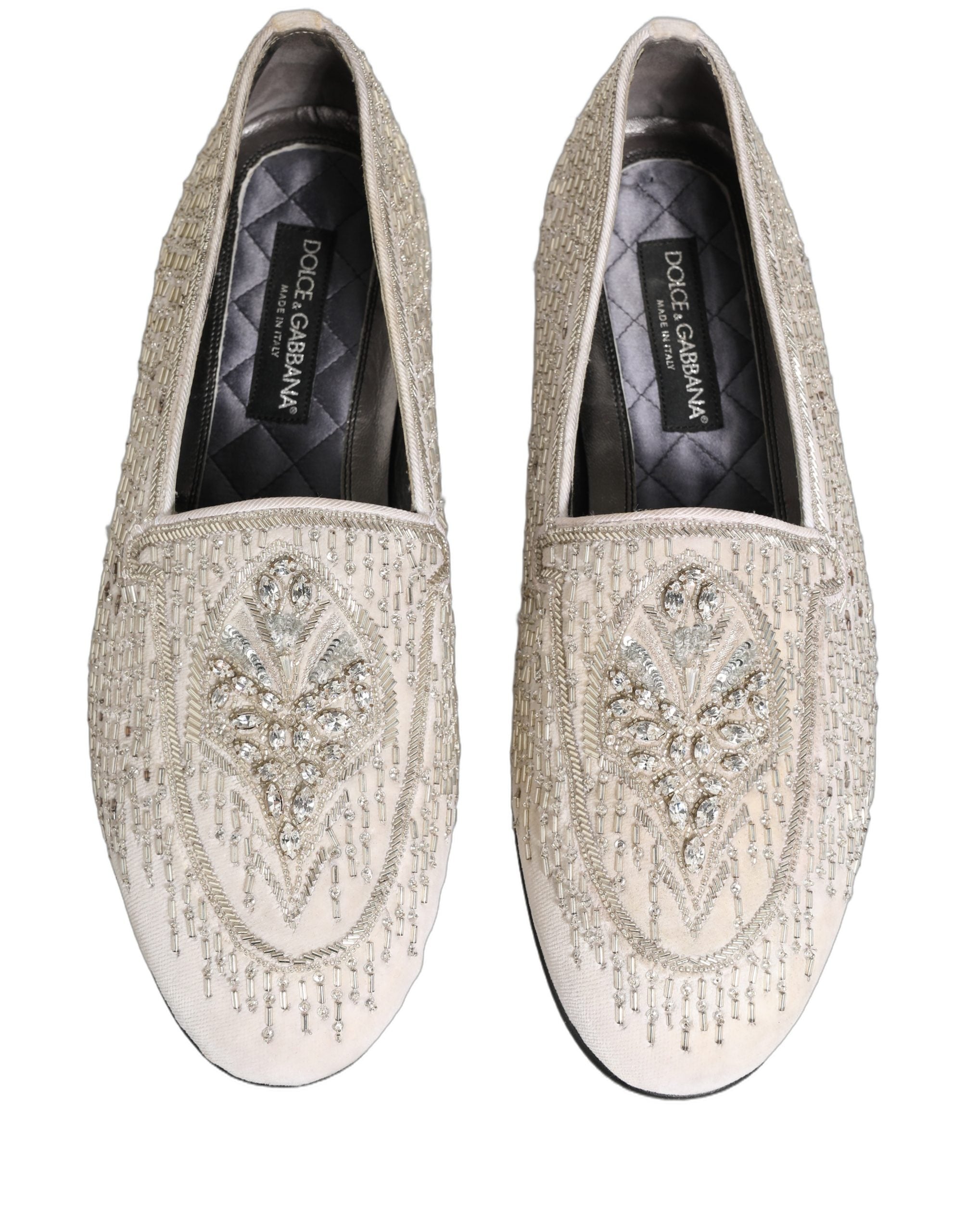 Dolce & Gabbana White Satin Embellished Dress Loafers Shoes