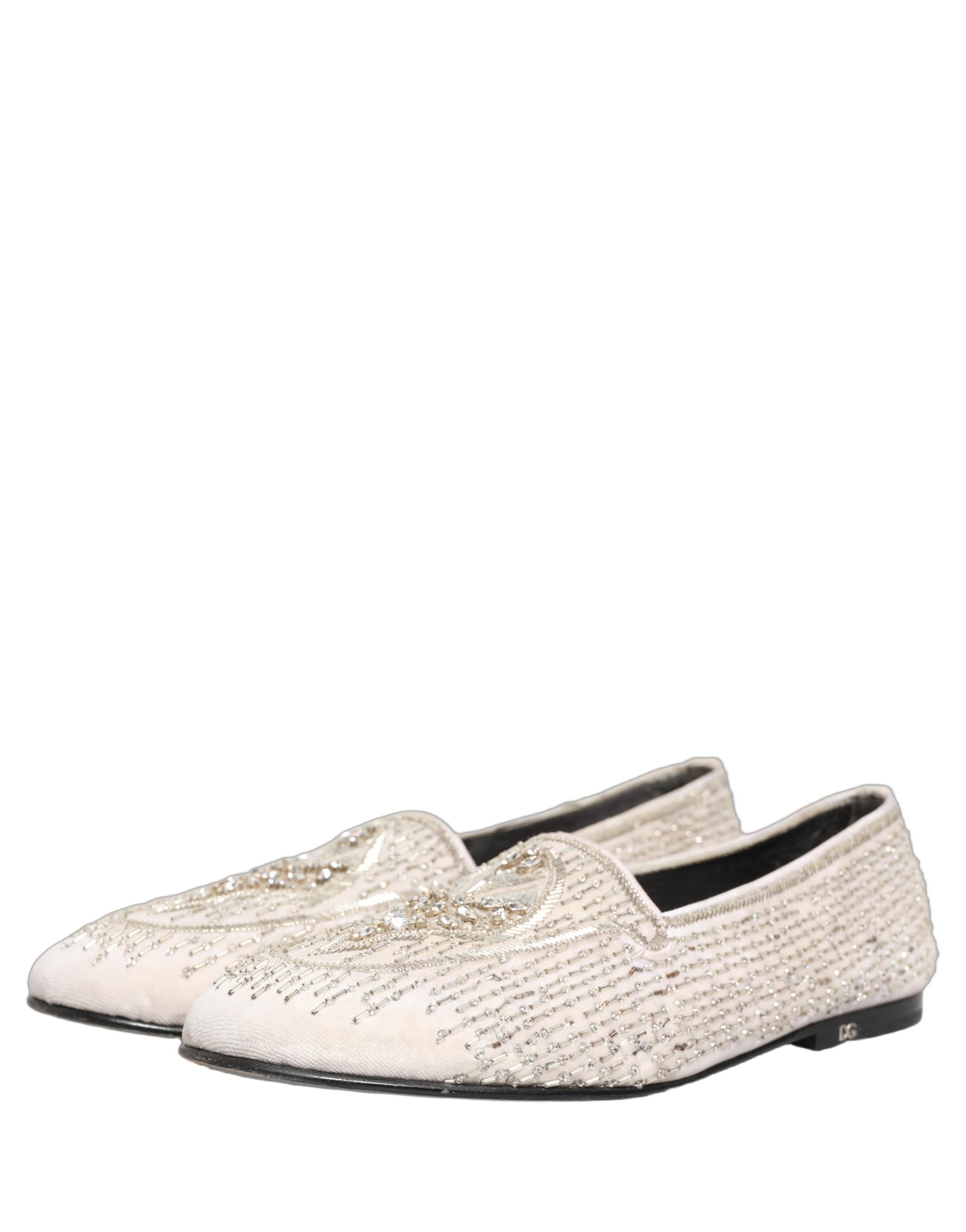 Dolce & Gabbana White Satin Embellished Dress Loafers Shoes