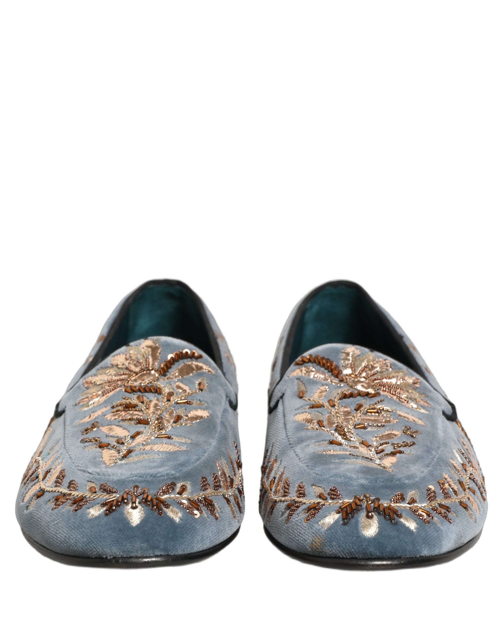 Dolce & Gabbana Blue Velvet Embellished Dress Loafers Shoes