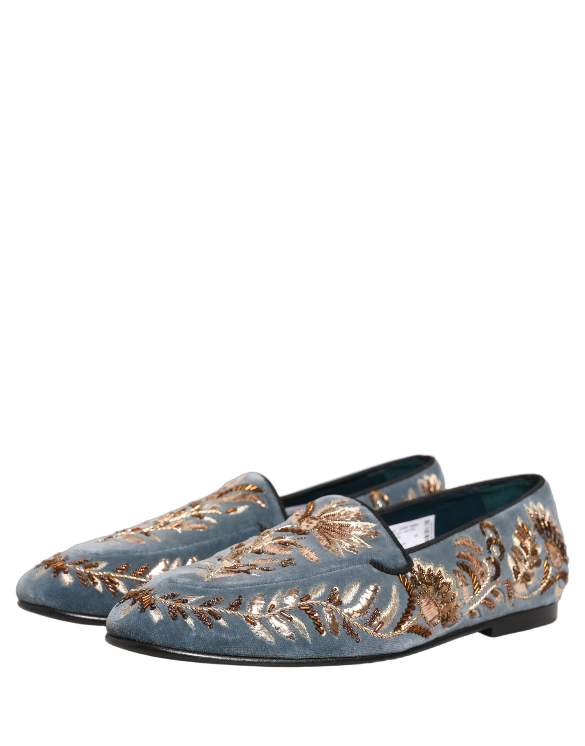 Dolce & Gabbana Blue Velvet Embellished Dress Loafers Shoes