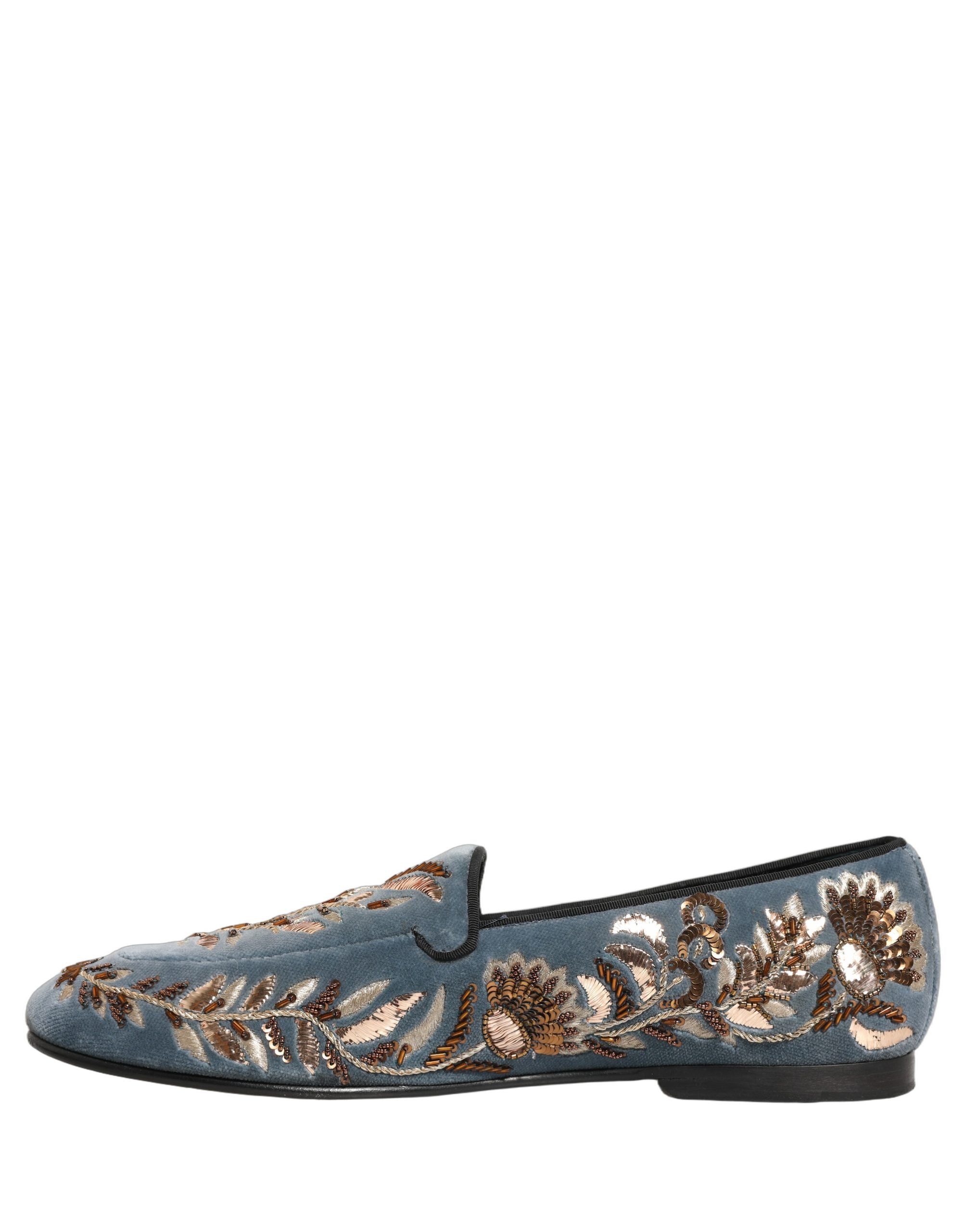 Dolce & Gabbana Blue Velvet Embellished Dress Loafers Shoes
