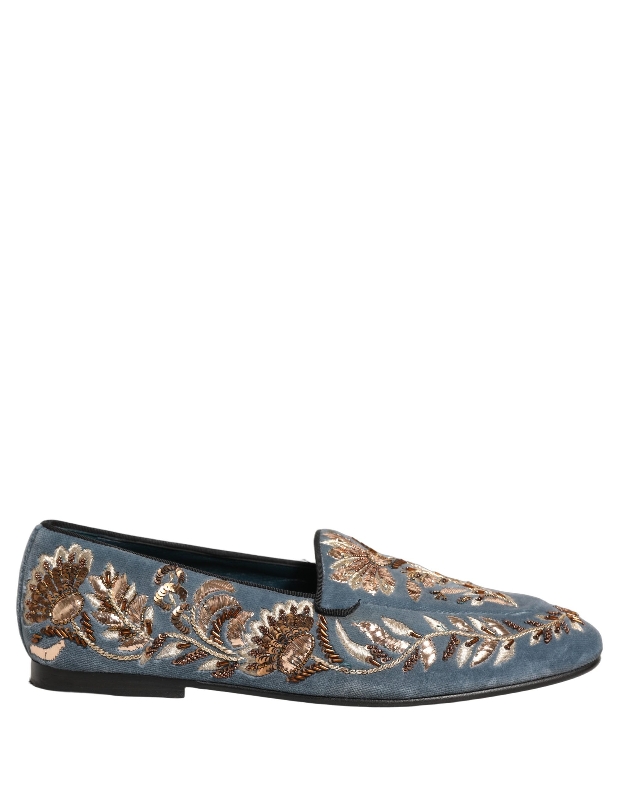 Dolce & Gabbana Blue Velvet Embellished Dress Loafers Shoes
