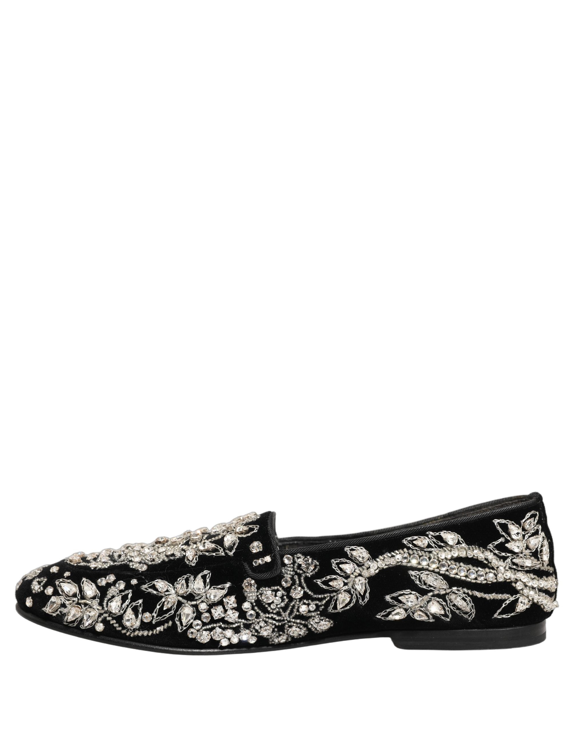 Dolce & Gabbana Black Velvet Embellished Dress Loafers Shoes