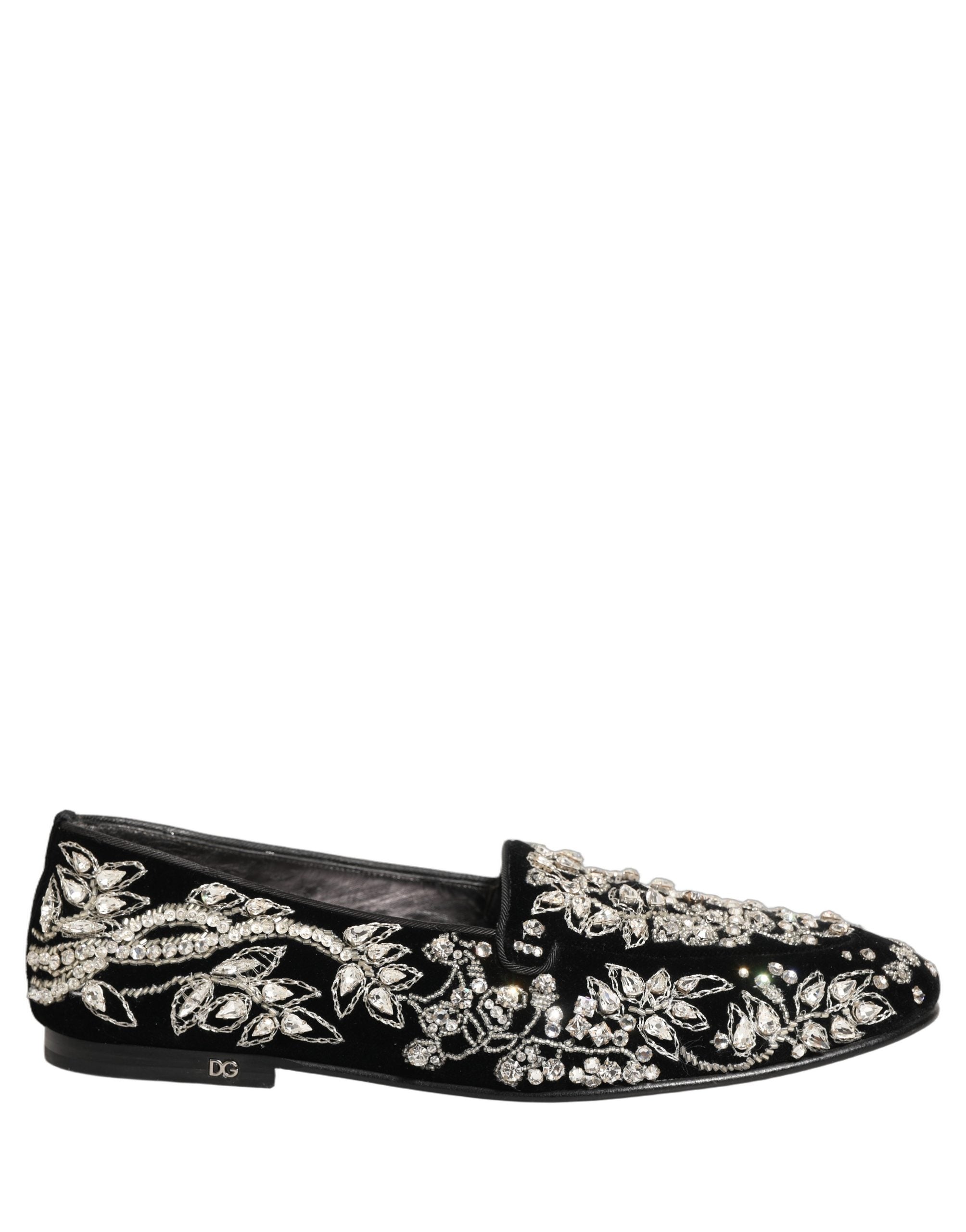 Dolce & Gabbana Black Velvet Embellished Dress Loafers Shoes