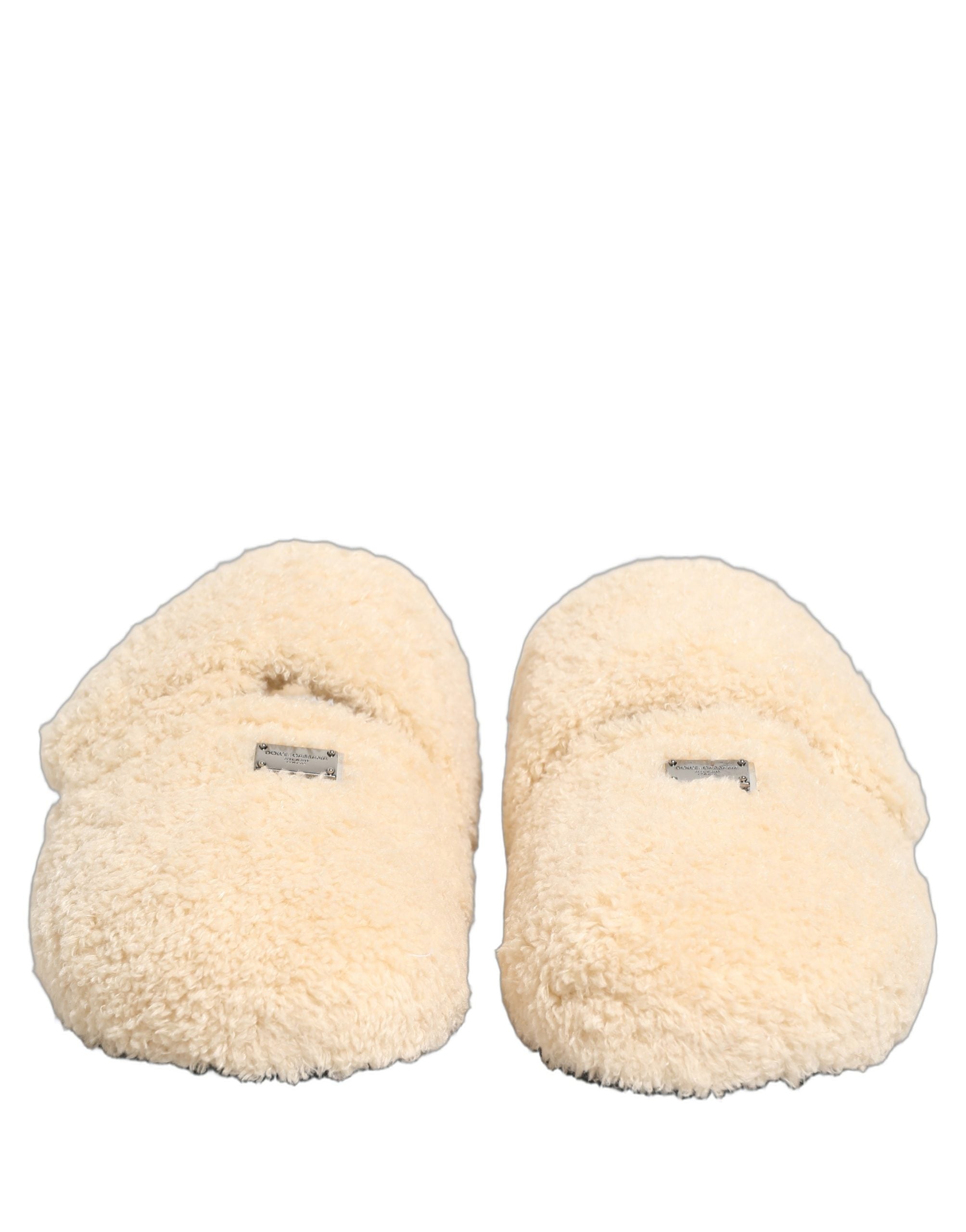 Dolce & Gabbana Beige Faux Fur Flats Men Slides Sandals Shoes