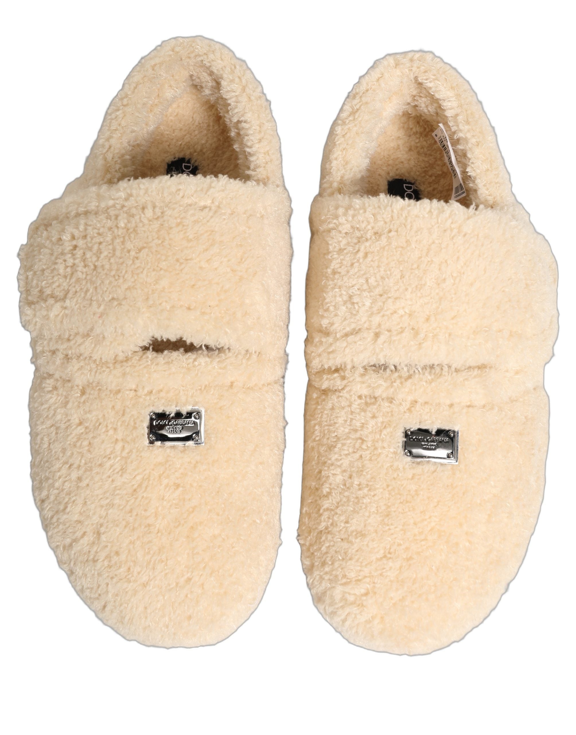 Dolce & Gabbana Beige Faux Fur Flats Men Slides Sandals Shoes