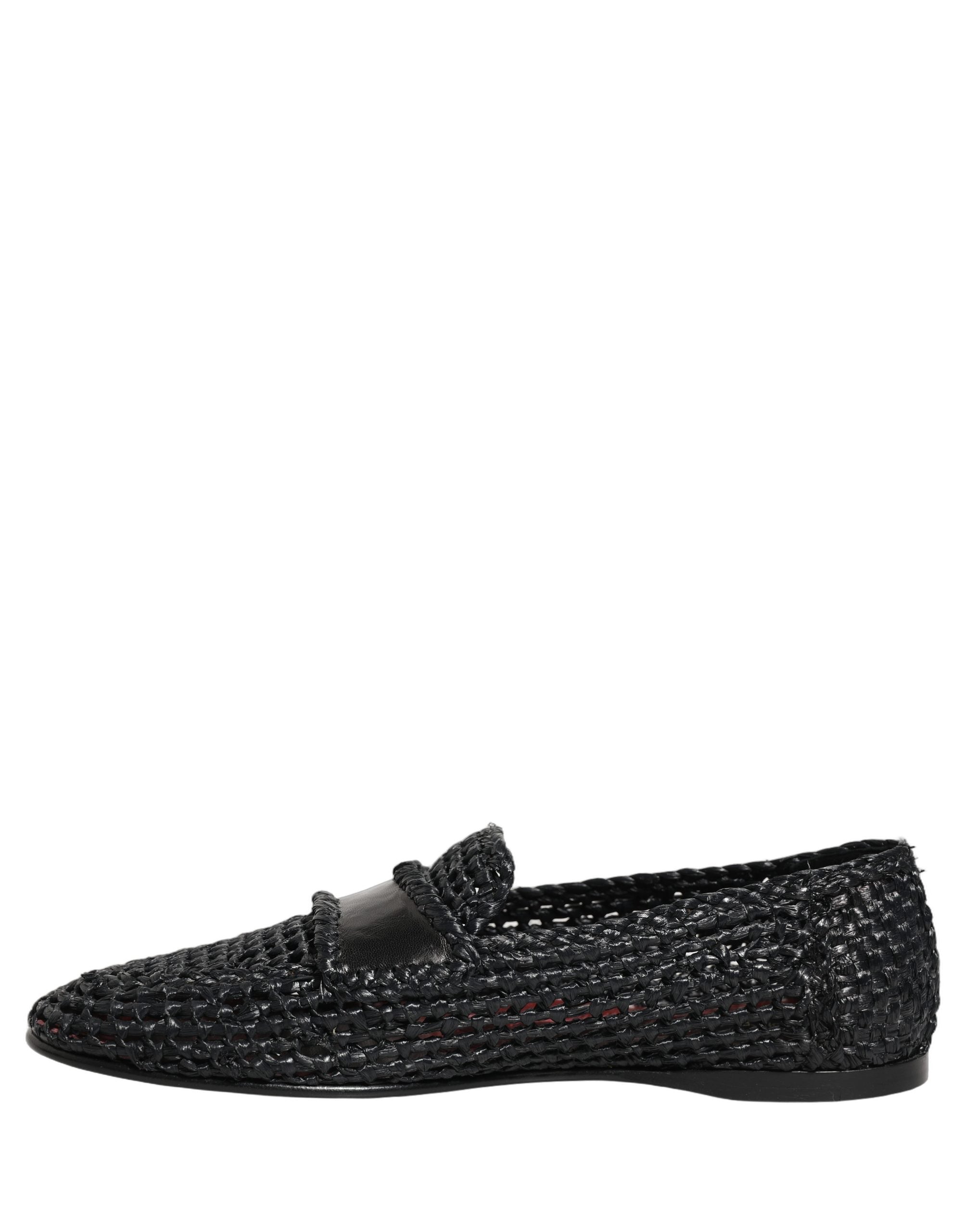 Dolce & Gabbana Black Woven Raffia Slip On Loafers Shoes