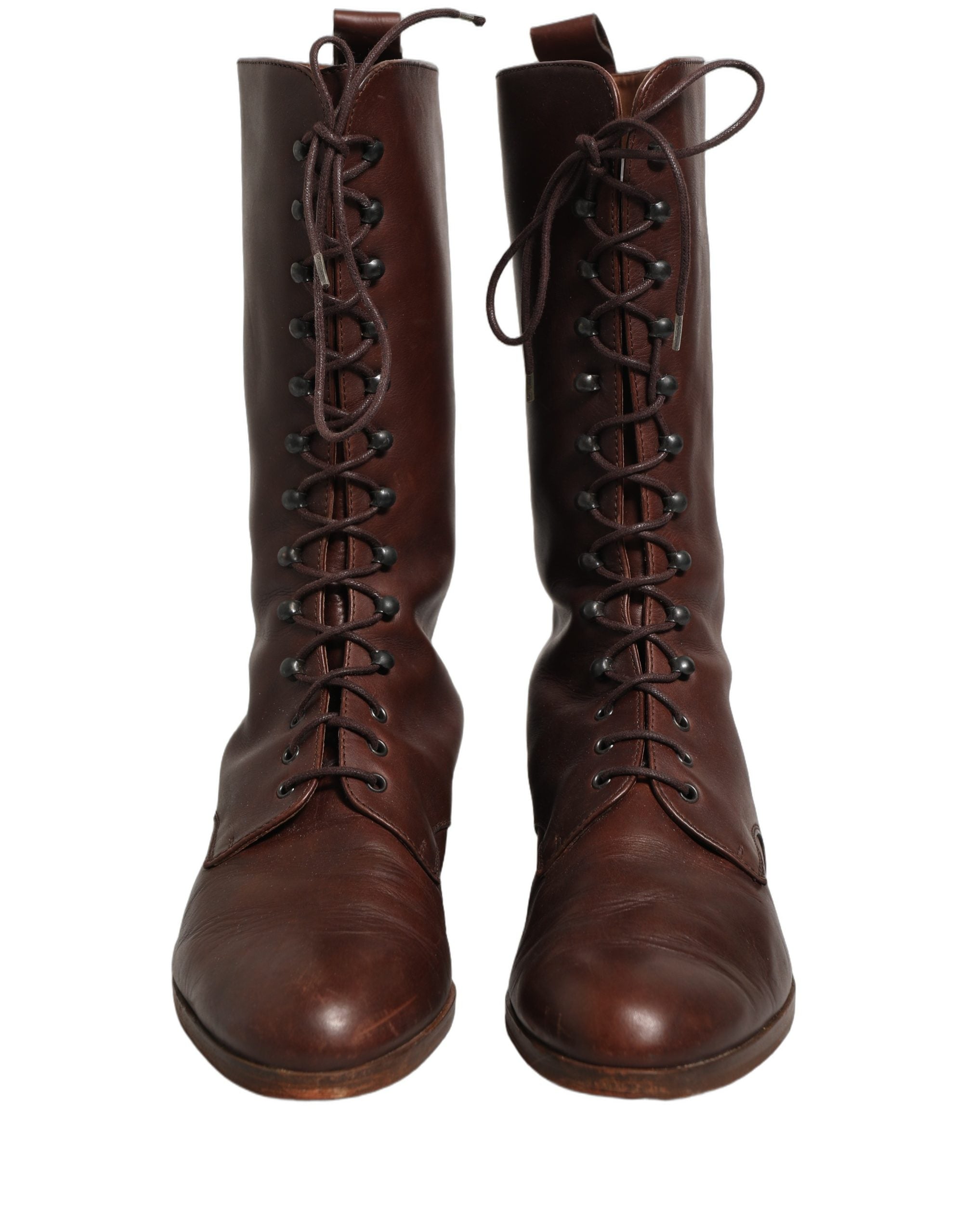 Dolce & Gabbana Brown Leather Lace Up Mid Calf Boots Shoes