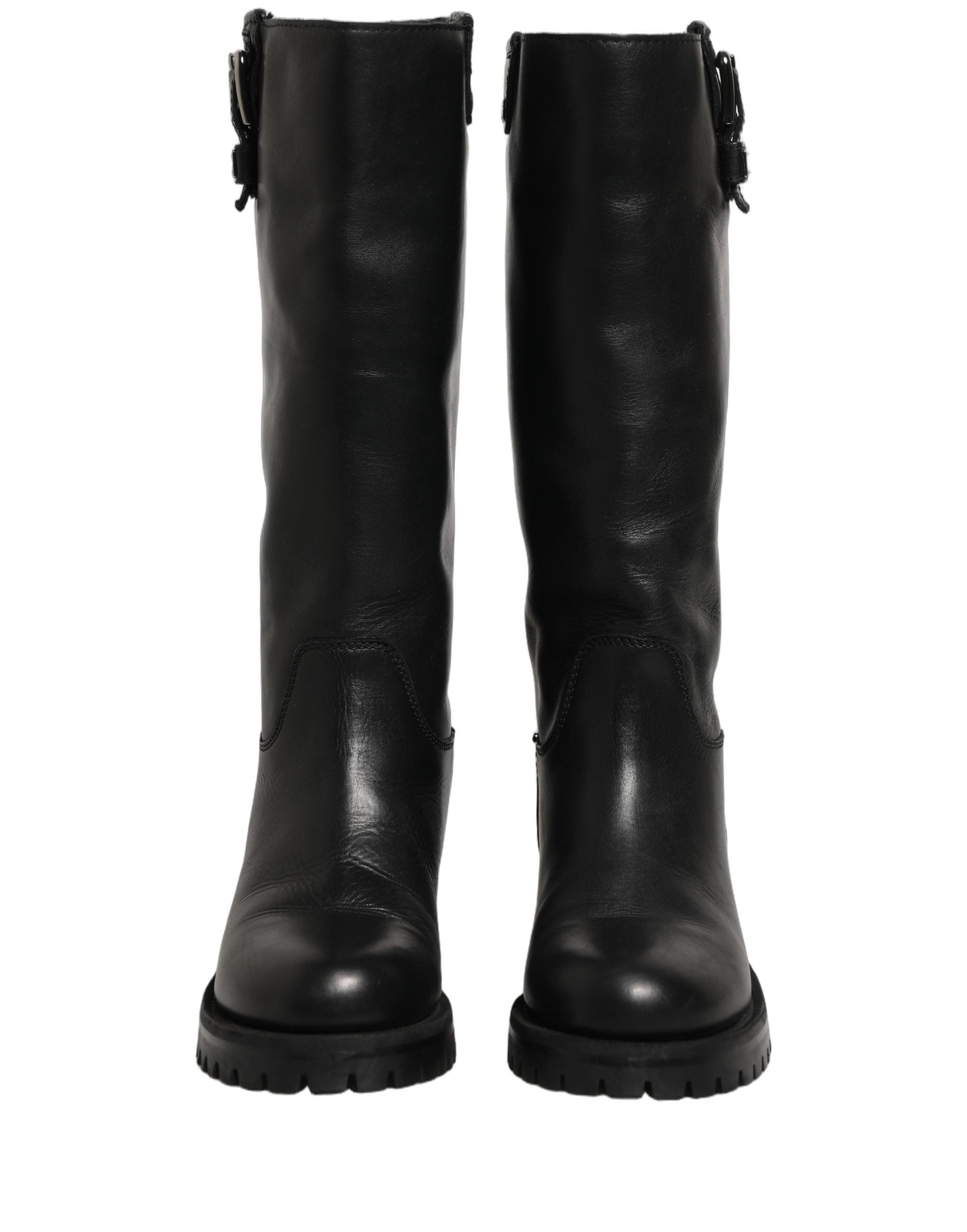 Dolce & Gabbana Black Leather Buckle Detail Mid Calf Boots Shoes