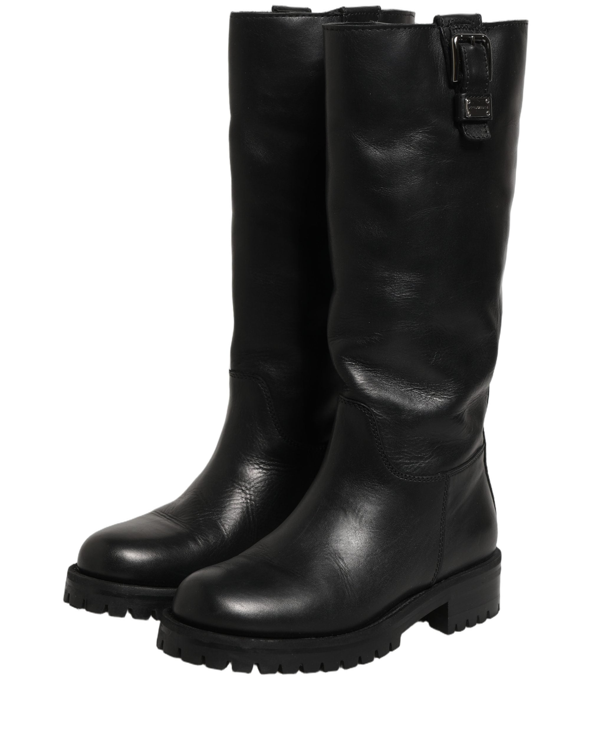 Dolce & Gabbana Black Leather Buckle Detail Mid Calf Boots Shoes