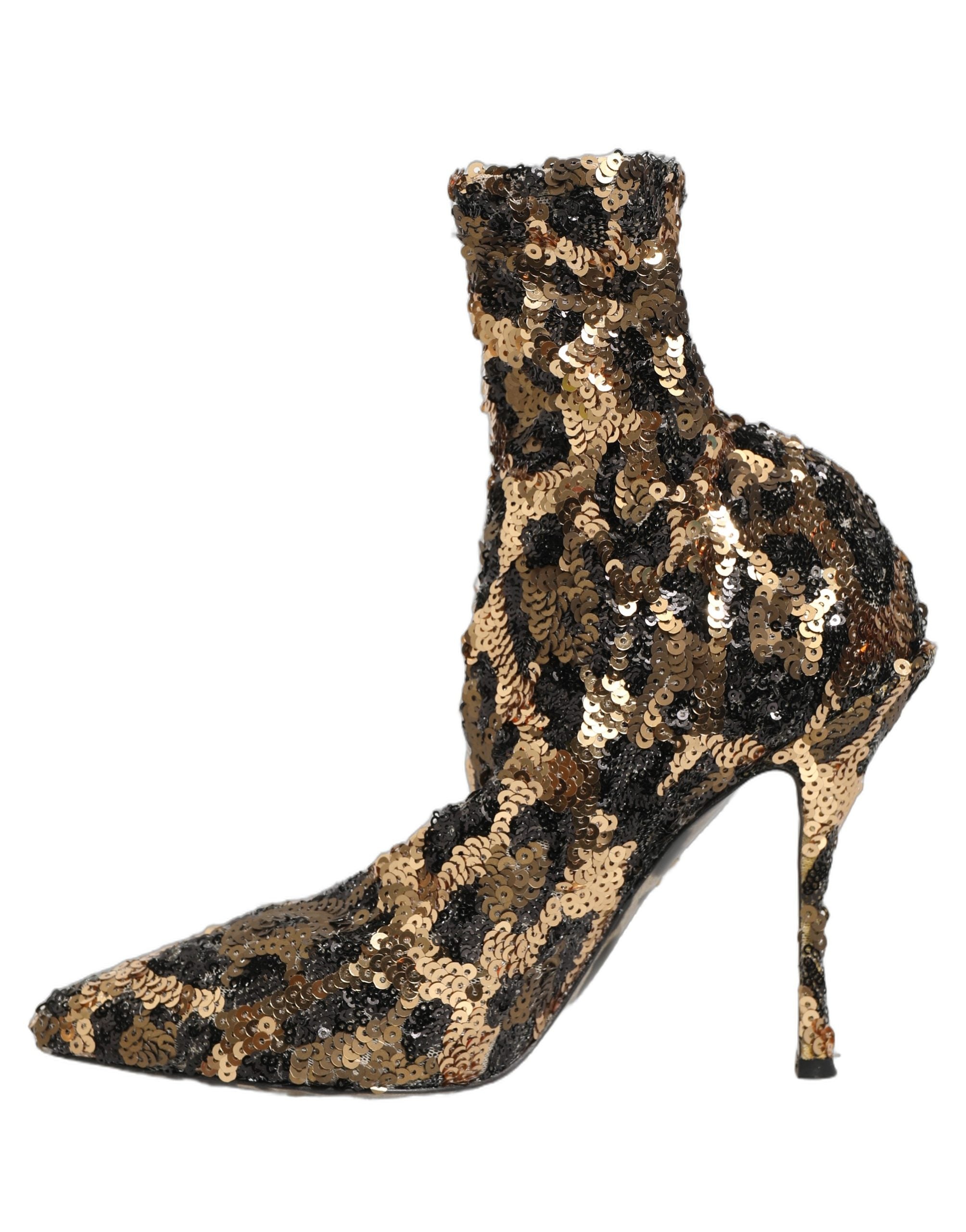 Dolce & Gabbana Gold Leopard Sequin Sock Ankle Boots Shoes