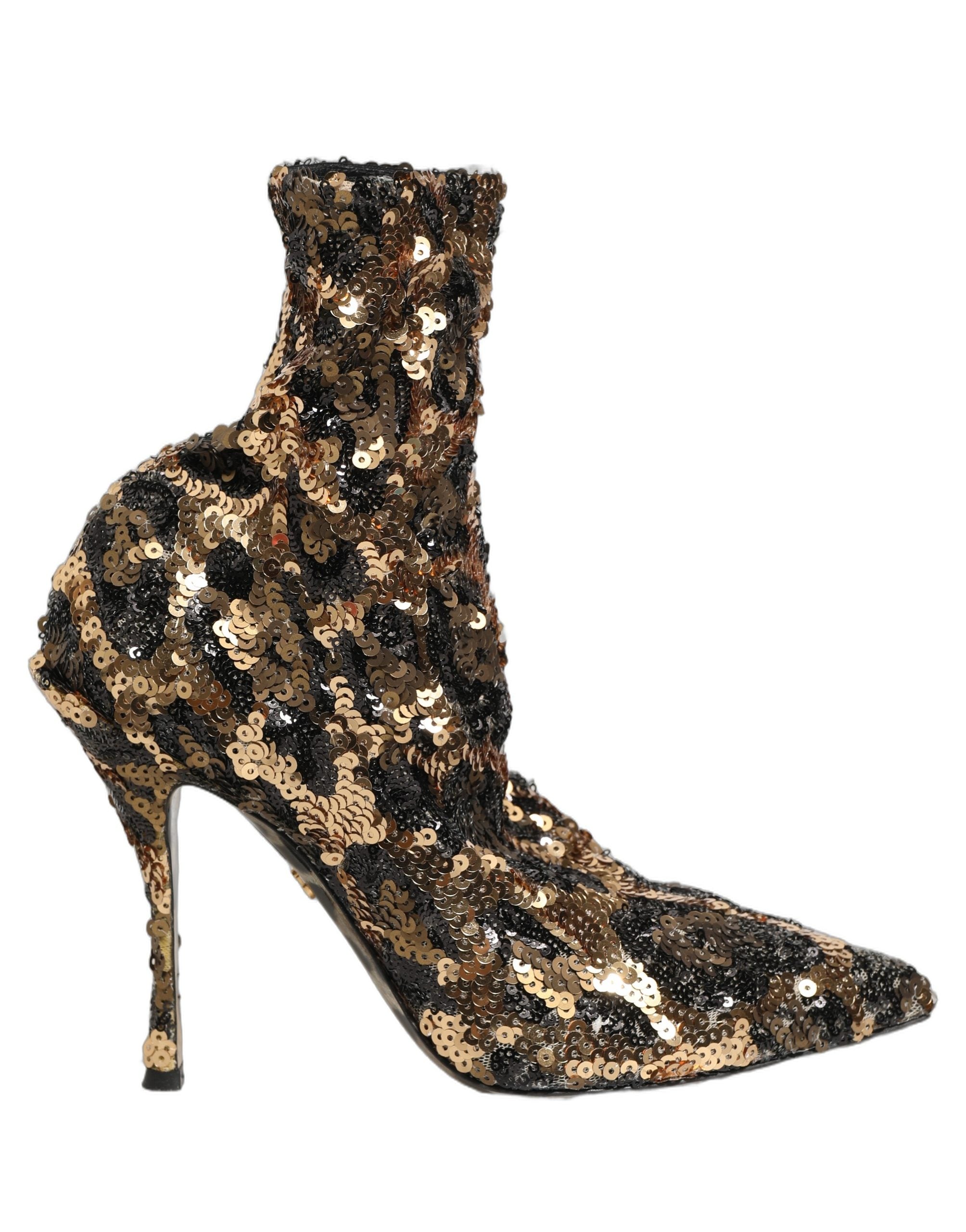 Dolce & Gabbana Gold Leopard Sequin Sock Ankle Boots Shoes