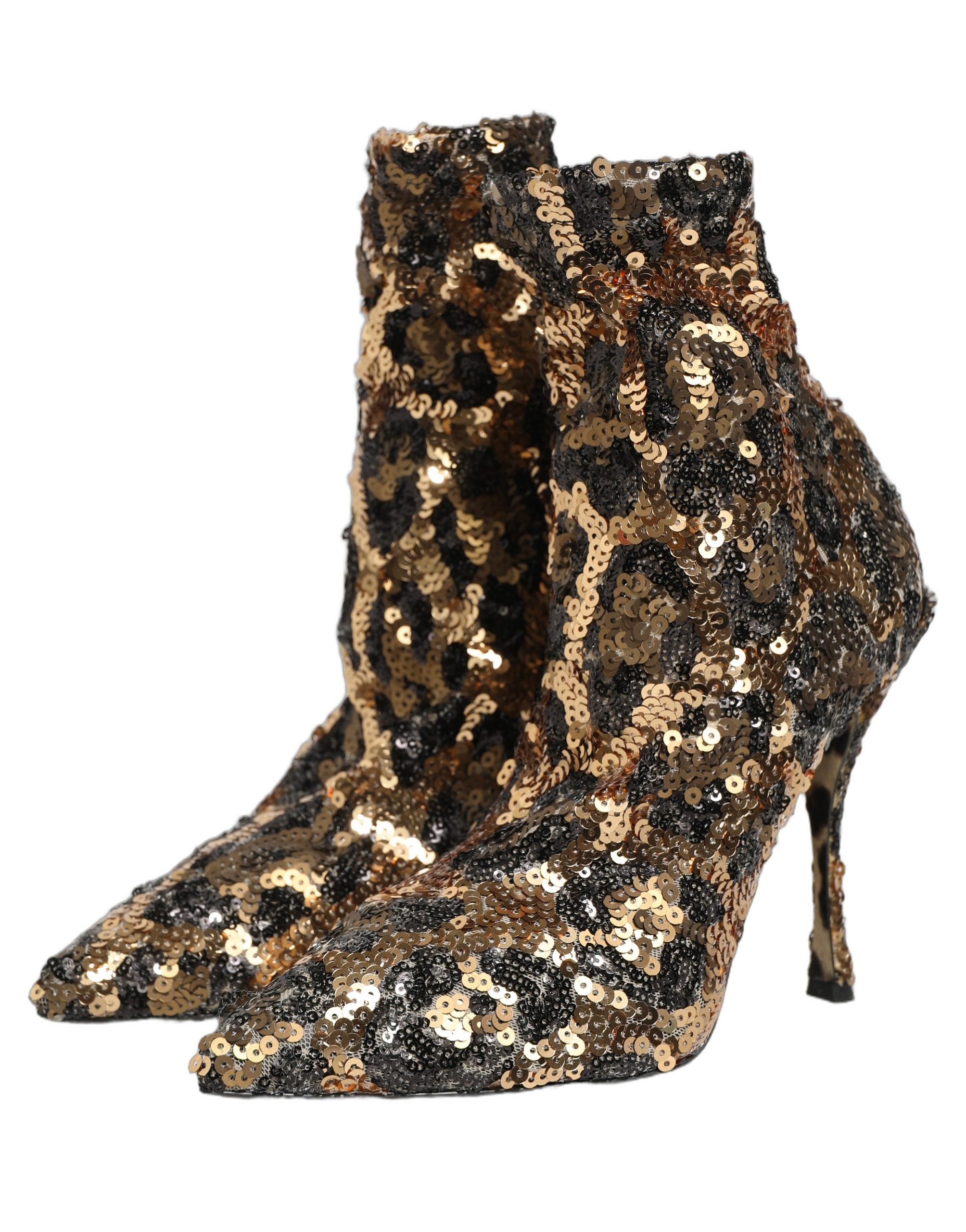 Dolce & Gabbana Gold Leopard Sequin Sock Ankle Boots Shoes
