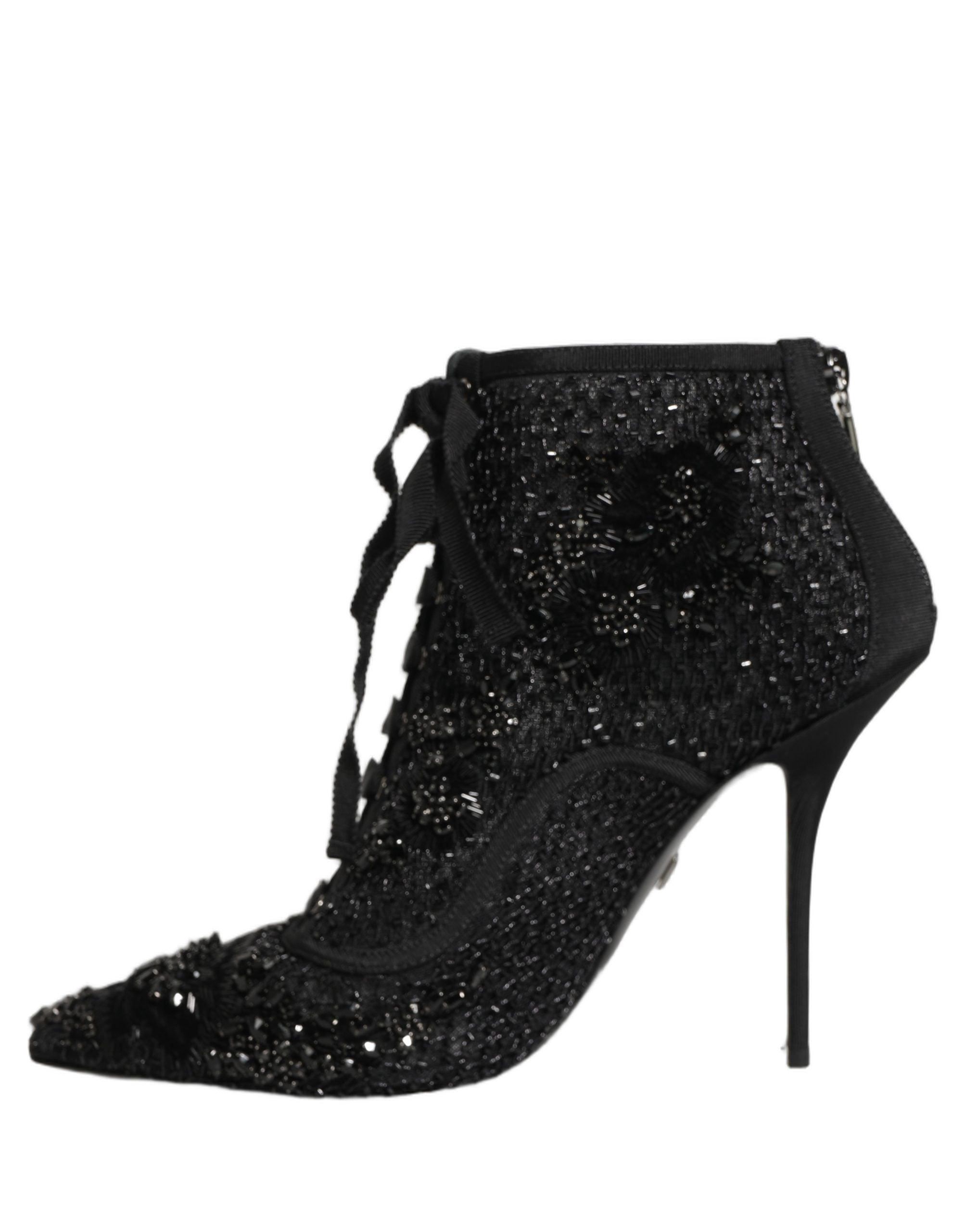 Dolce & Gabbana Black Embellished Mesh Ankle Boots Shoes