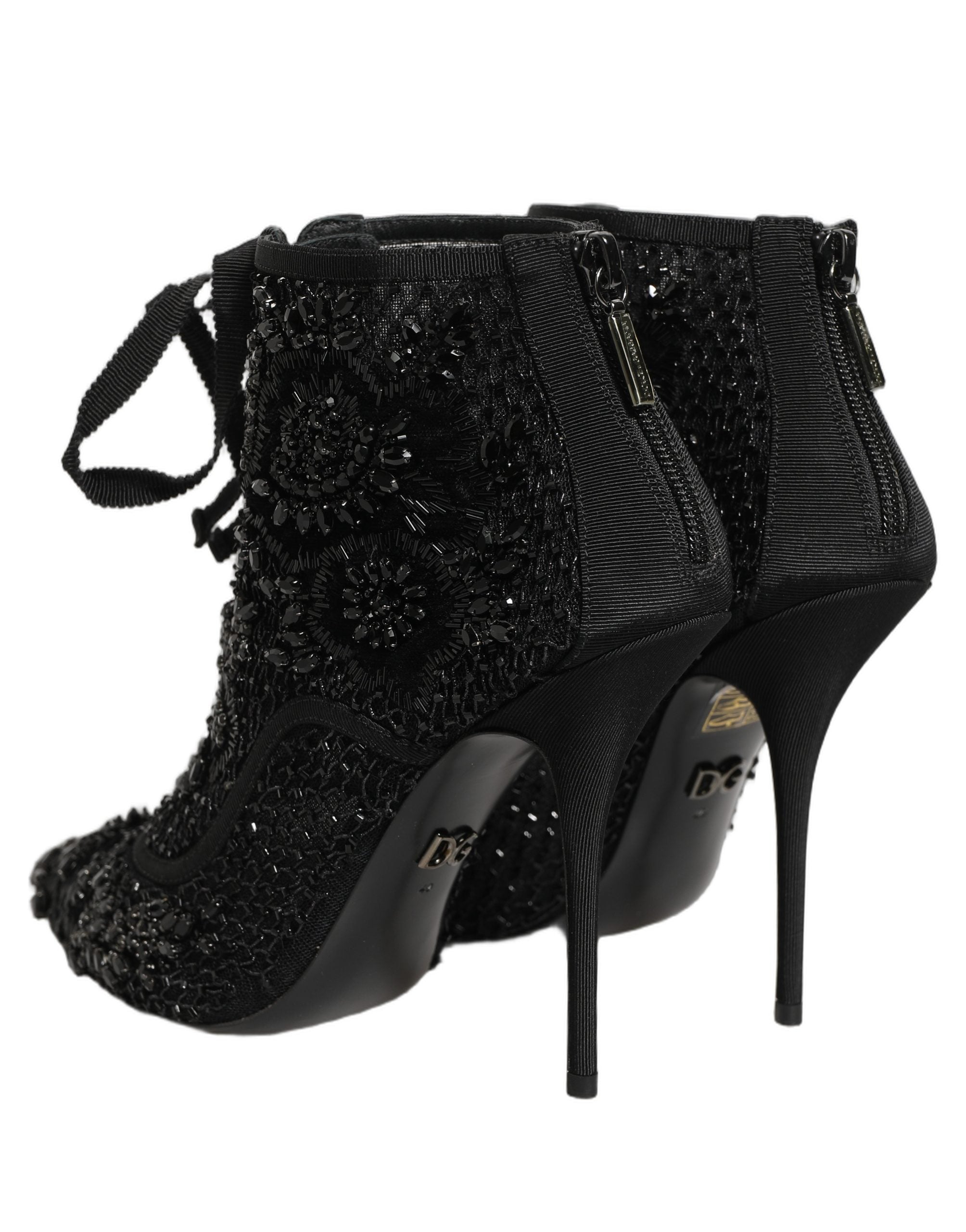 Dolce & Gabbana Black Embellished Mesh Ankle Boots Shoes