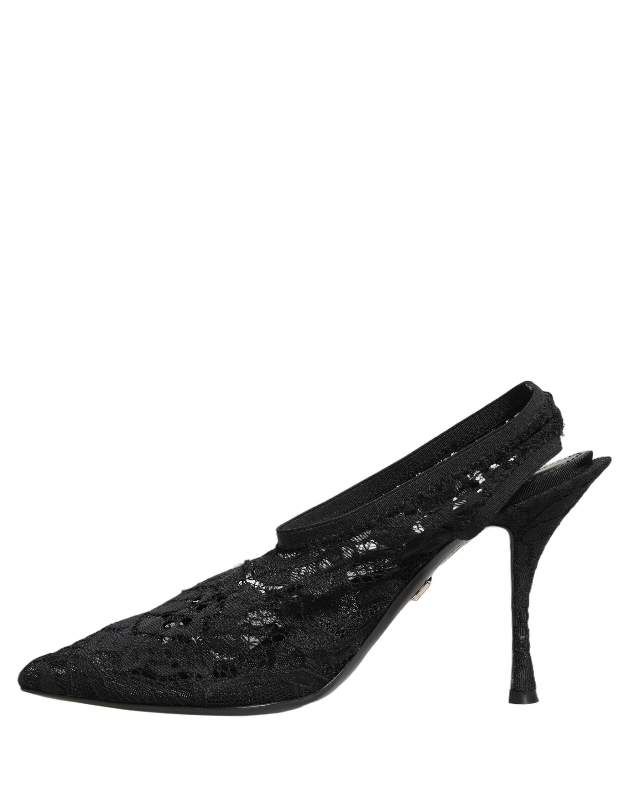 Dolce & Gabbana Black Lace Pointed Toe Slingback Pumps Shoes