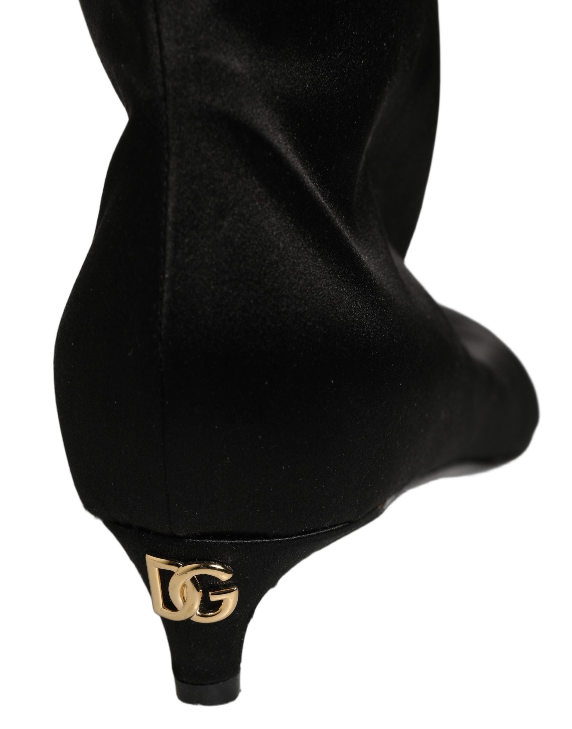 Dolce & Gabbana Black Satin Knee High Kitten Boots Shoes