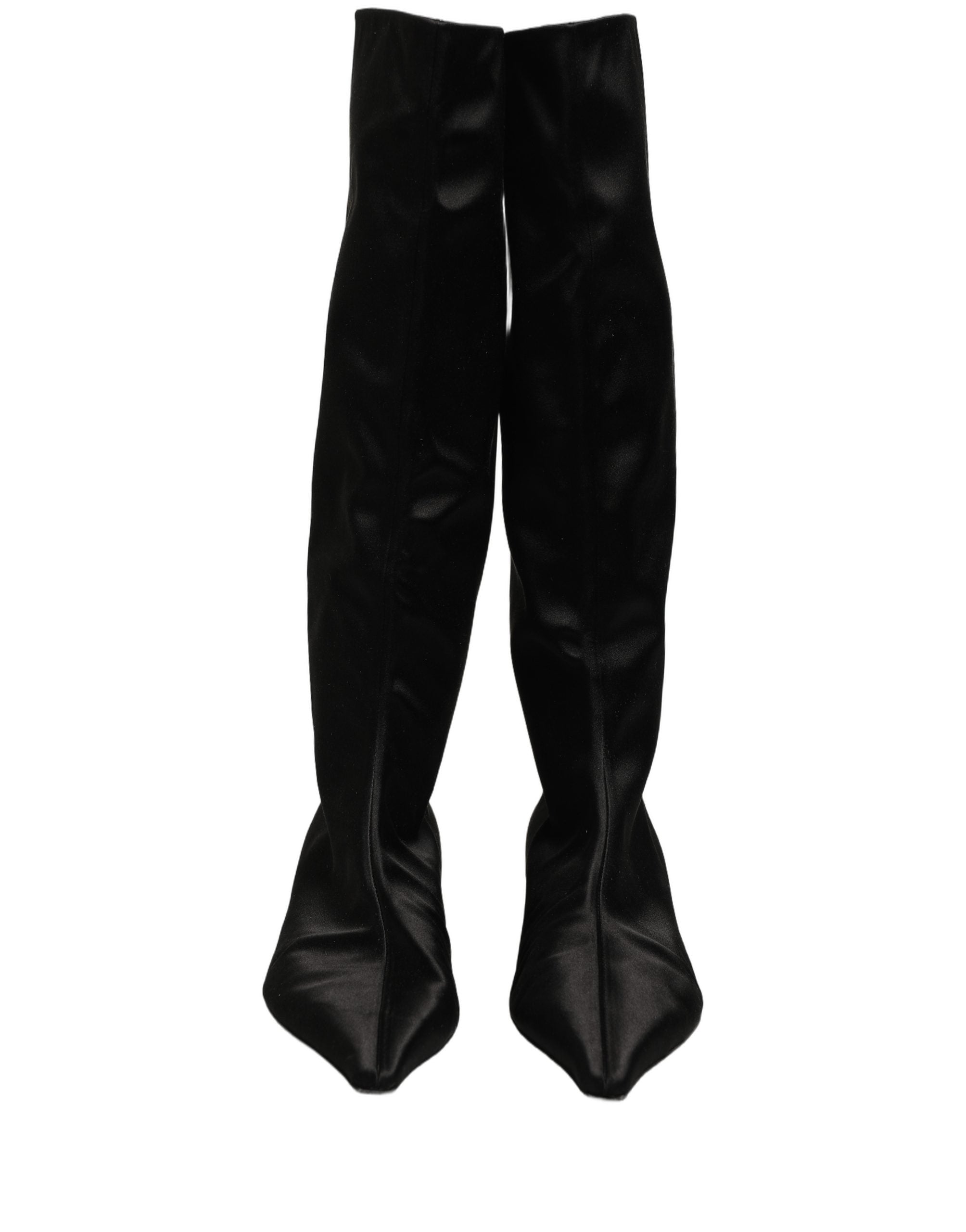 Dolce & Gabbana Black Satin Knee High Kitten Boots Shoes