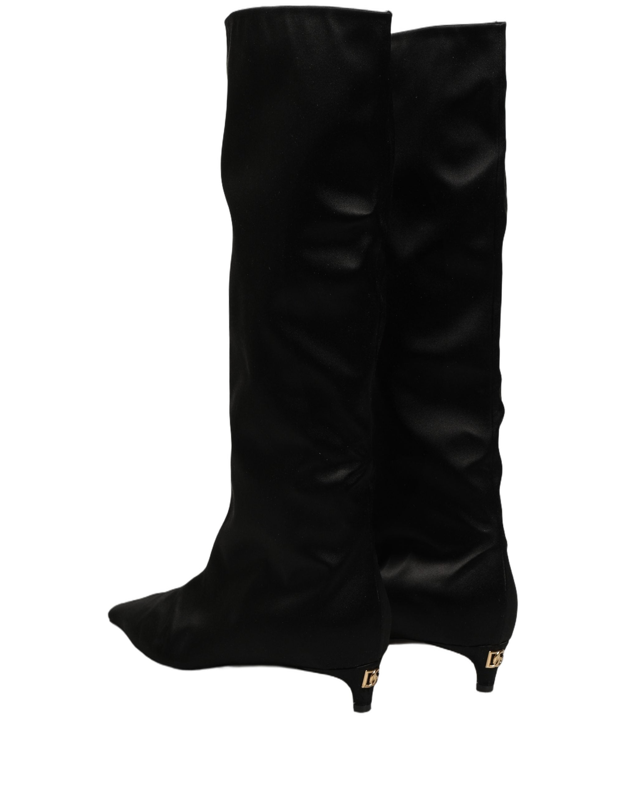 Dolce & Gabbana Black Satin Knee High Kitten Boots Shoes