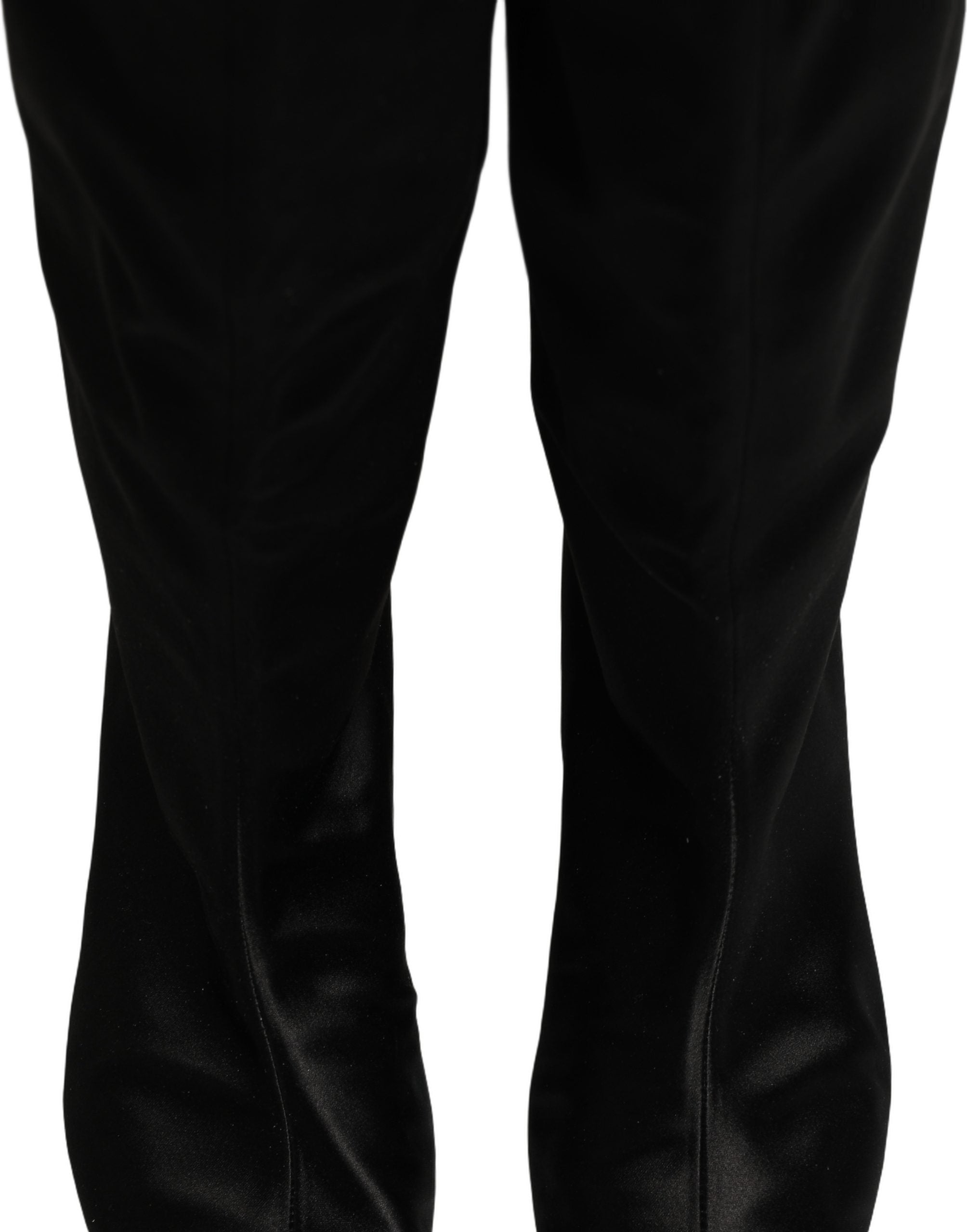 Dolce & Gabbana Black Satin Knee High Kitten Boots Shoes