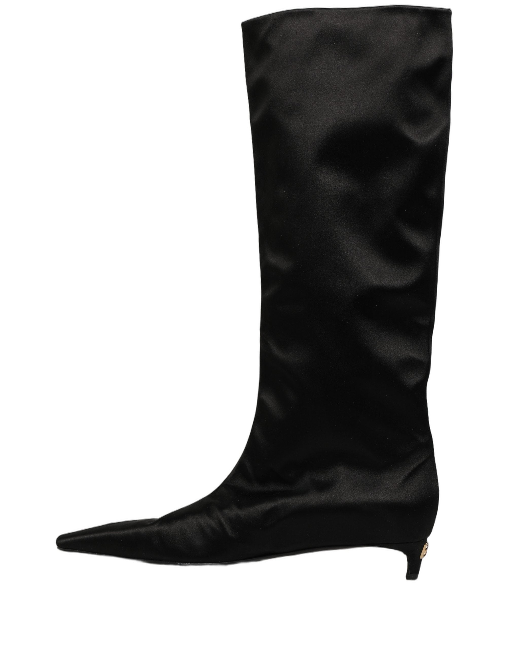 Dolce & Gabbana Black Satin Knee High Kitten Boots Shoes