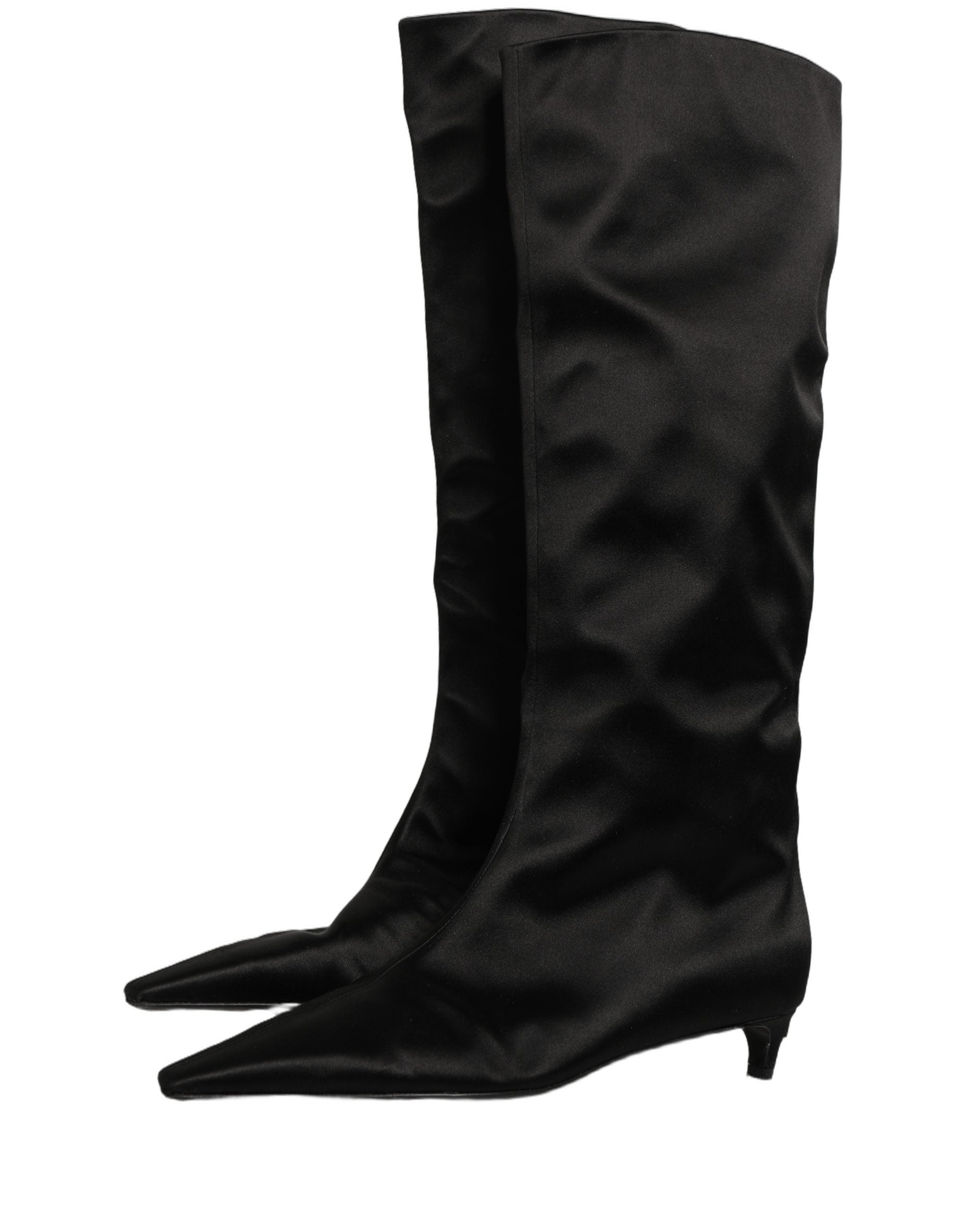 Dolce & Gabbana Black Satin Knee High Kitten Boots Shoes