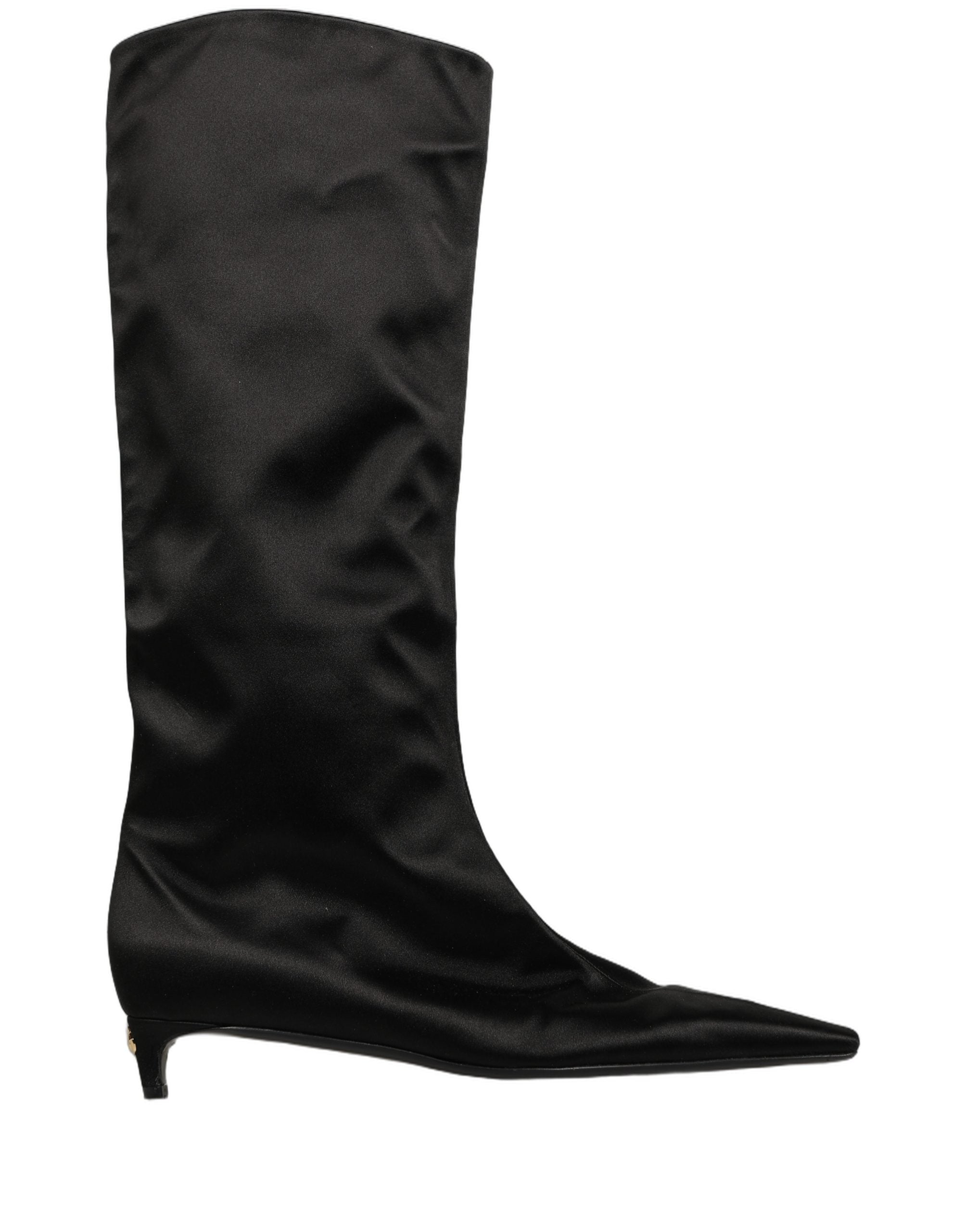 Dolce & Gabbana Black Satin Knee High Kitten Boots Shoes
