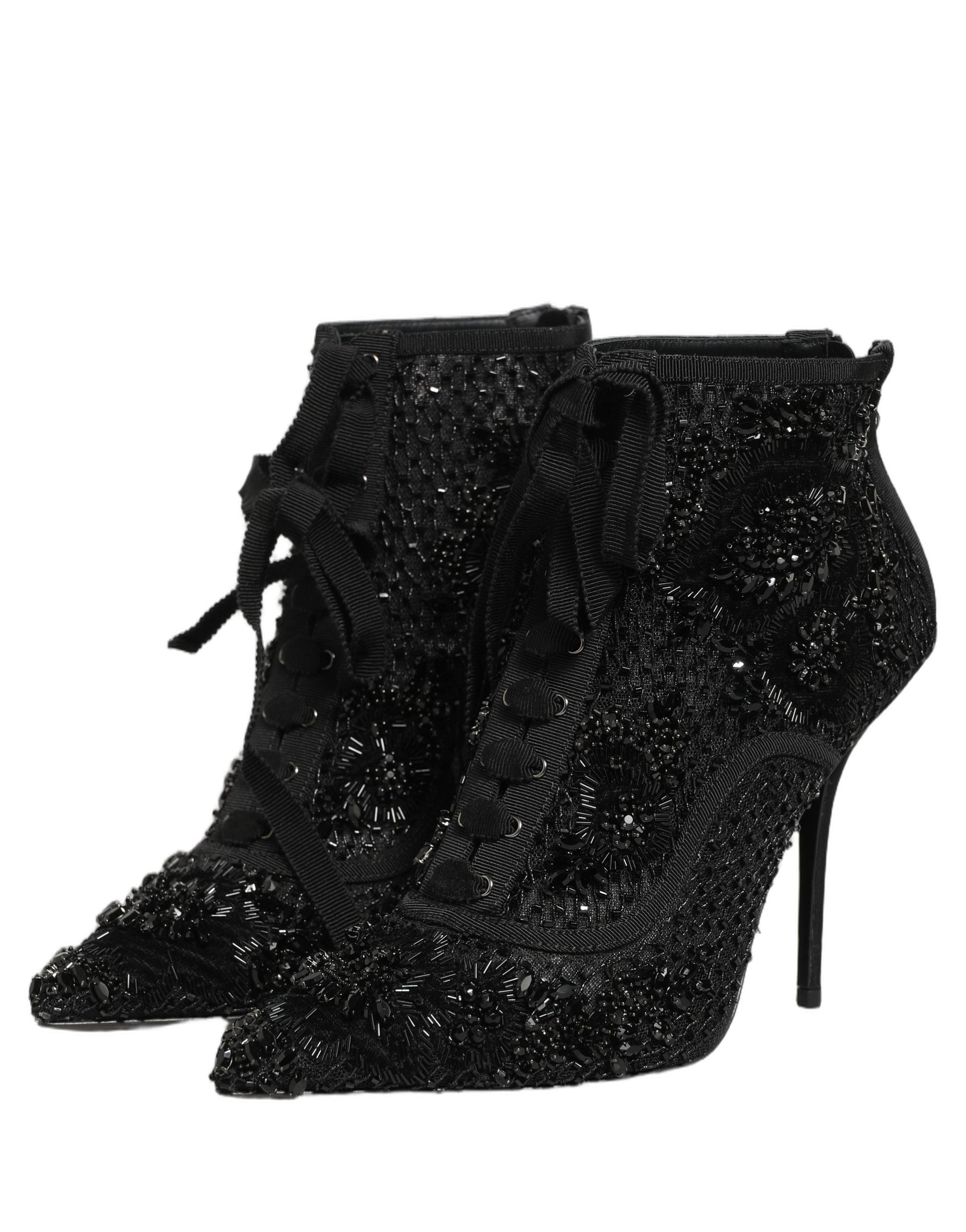 Dolce & Gabbana Black Embellished Mesh Ankle Boots Shoes