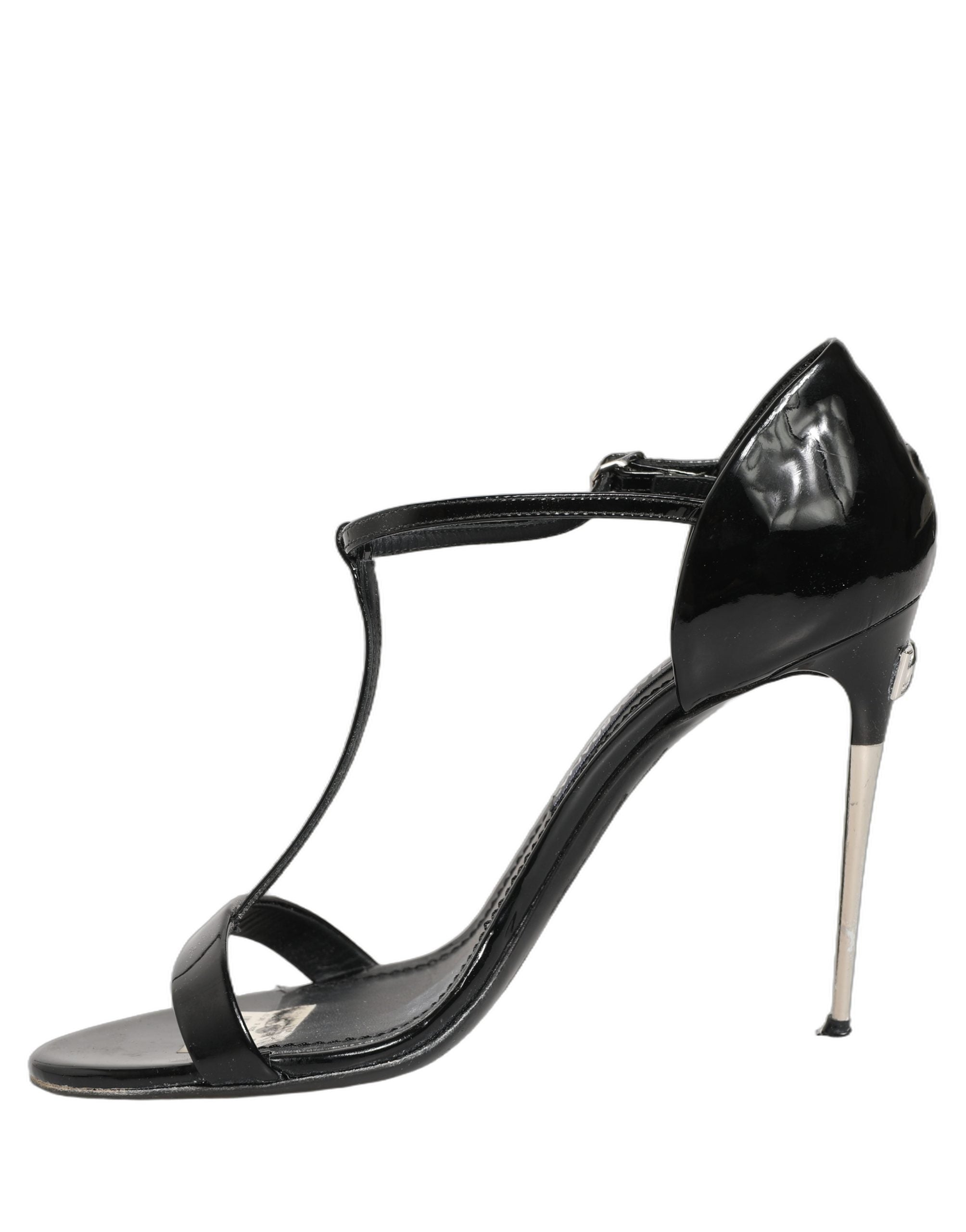 Dolce & Gabbana Black Leather T-strap Heels Sandals Shoes