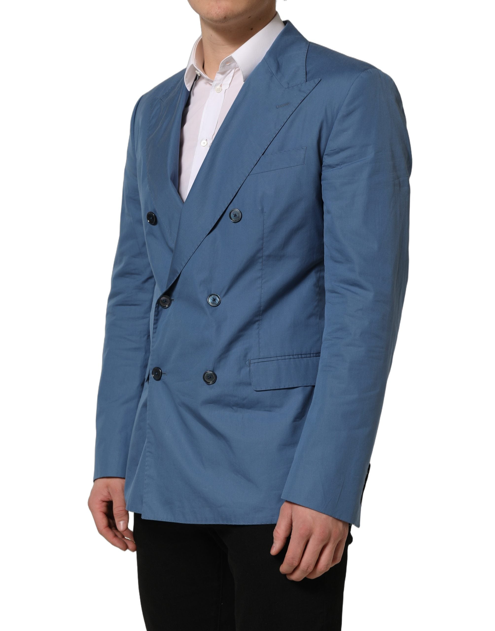 Dolce & Gabbana Blue Cotton Double Breasted Men Coat Blazer