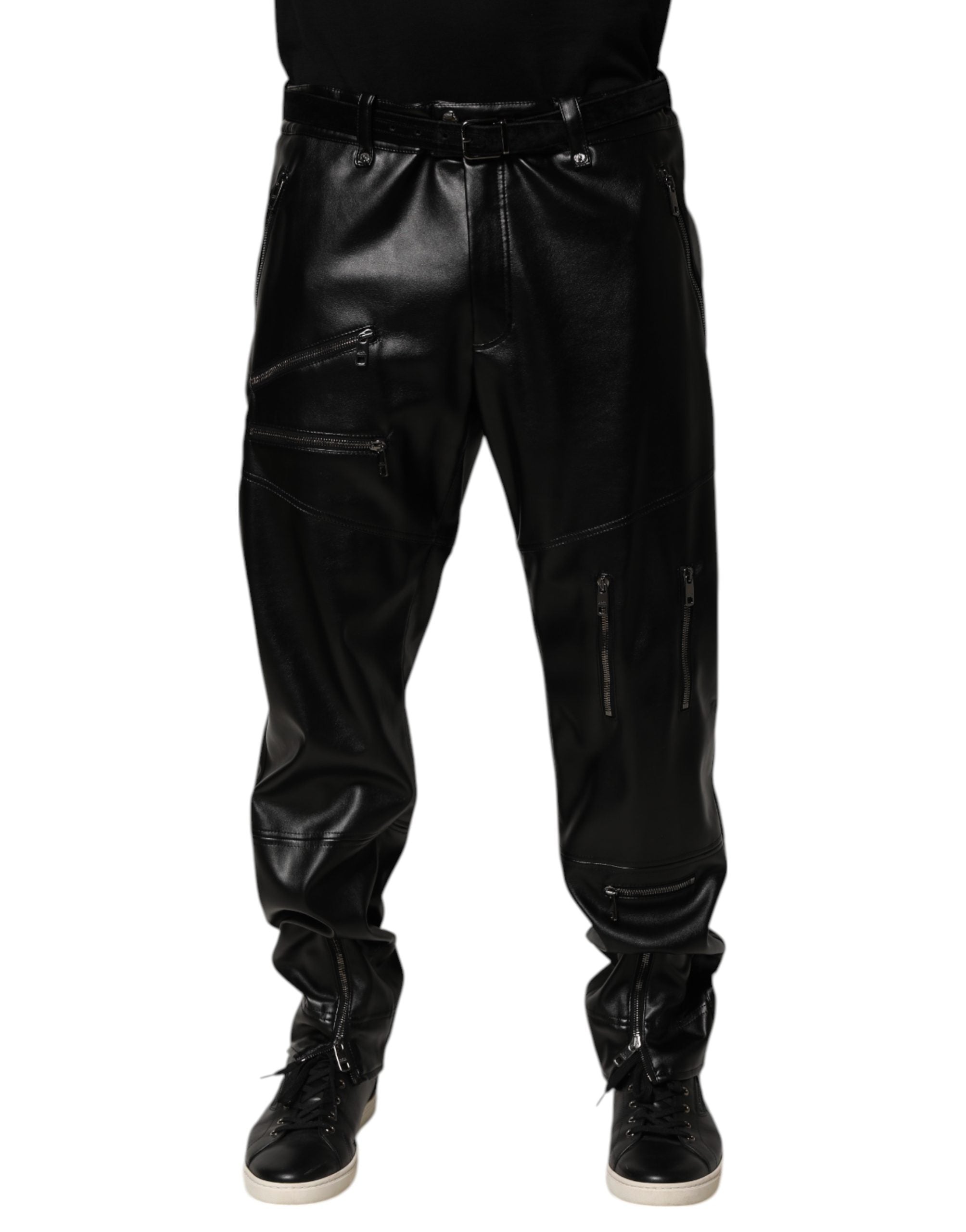 Dolce & Gabbana Black PU Leather Zipper Men Trouser Pants